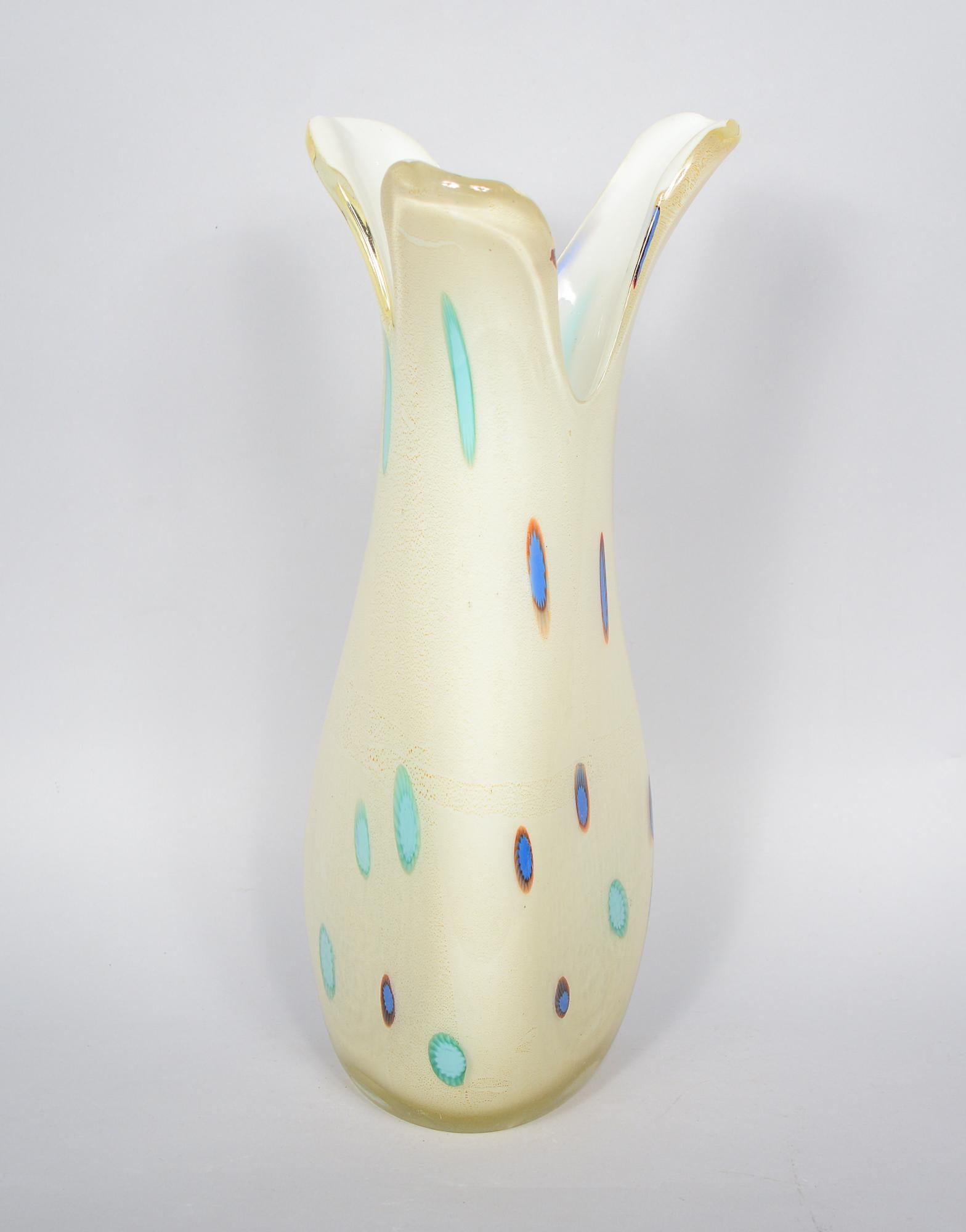 Large Murano murrine vase in the style of Anzolo Fuga. This has blue and turquoise murrines with gold leaf.