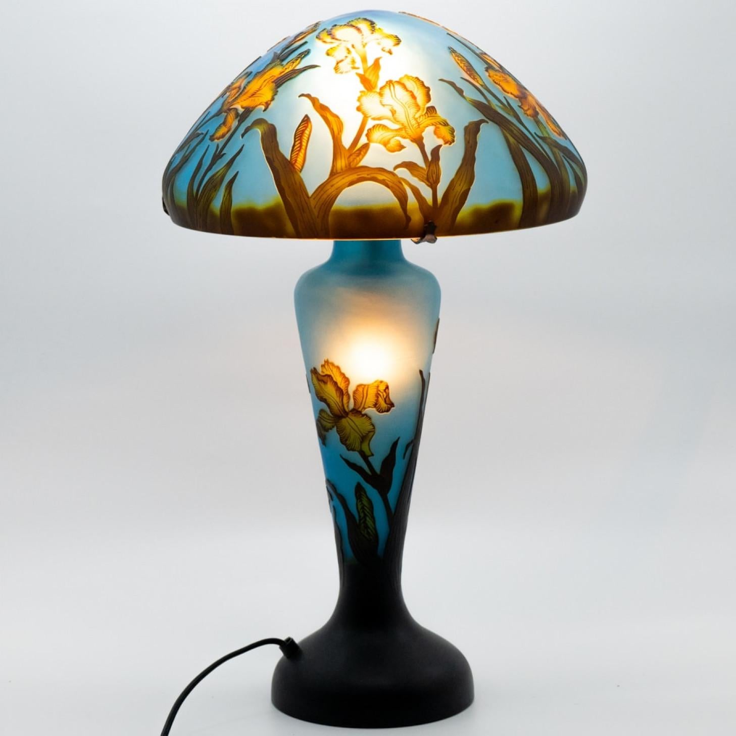 Esta exquisita lámpara en forma de seta con iris de cristal azul y amarillo al estilo de Gallé se fabricó en 1960 en Francia.

Ricos motivos decorados con irisado y excepcionales colores brillantes, una pieza de declaración en la