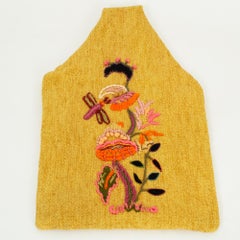 Large Mustard Bouclé Hobo Tote Bag w Embroidered Mushroom and Dragonfly, 1970s