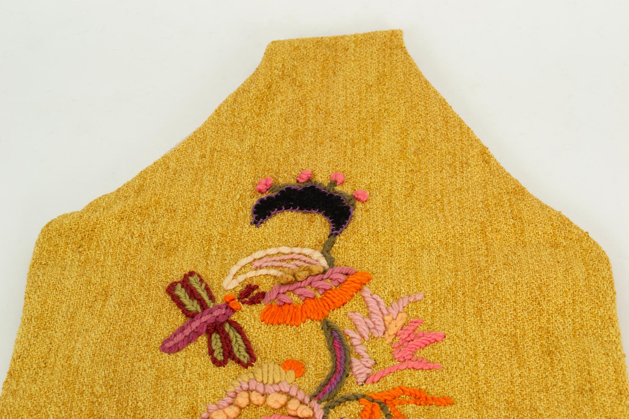 Beige Large Mustard Bouclé Hobo Tote Bag w Embroidered Mushroom and Dragonfly, 1970s For Sale