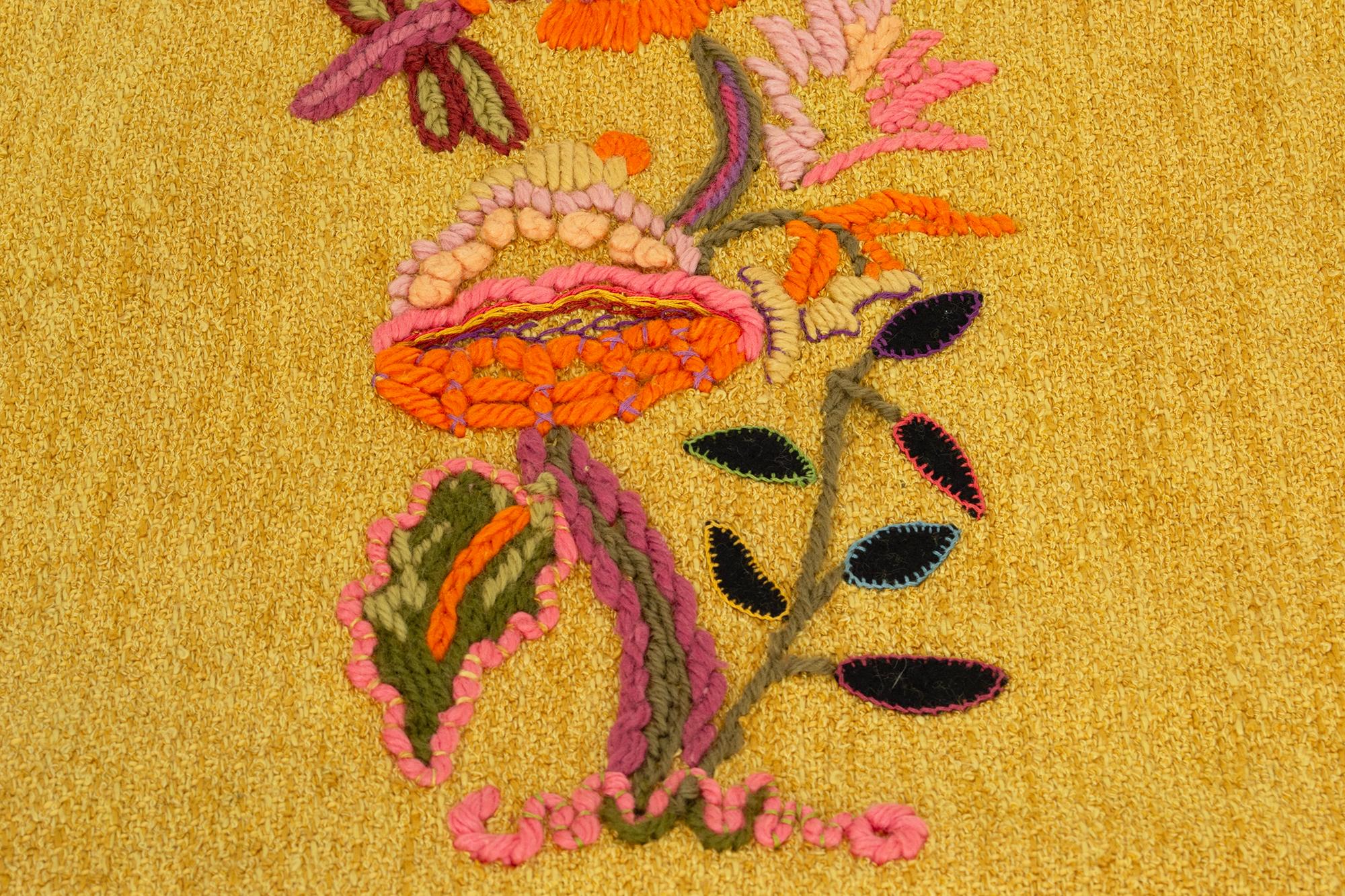 Women's Large Mustard Bouclé Hobo Tote Bag w Embroidered Mushroom and Dragonfly, 1970s For Sale