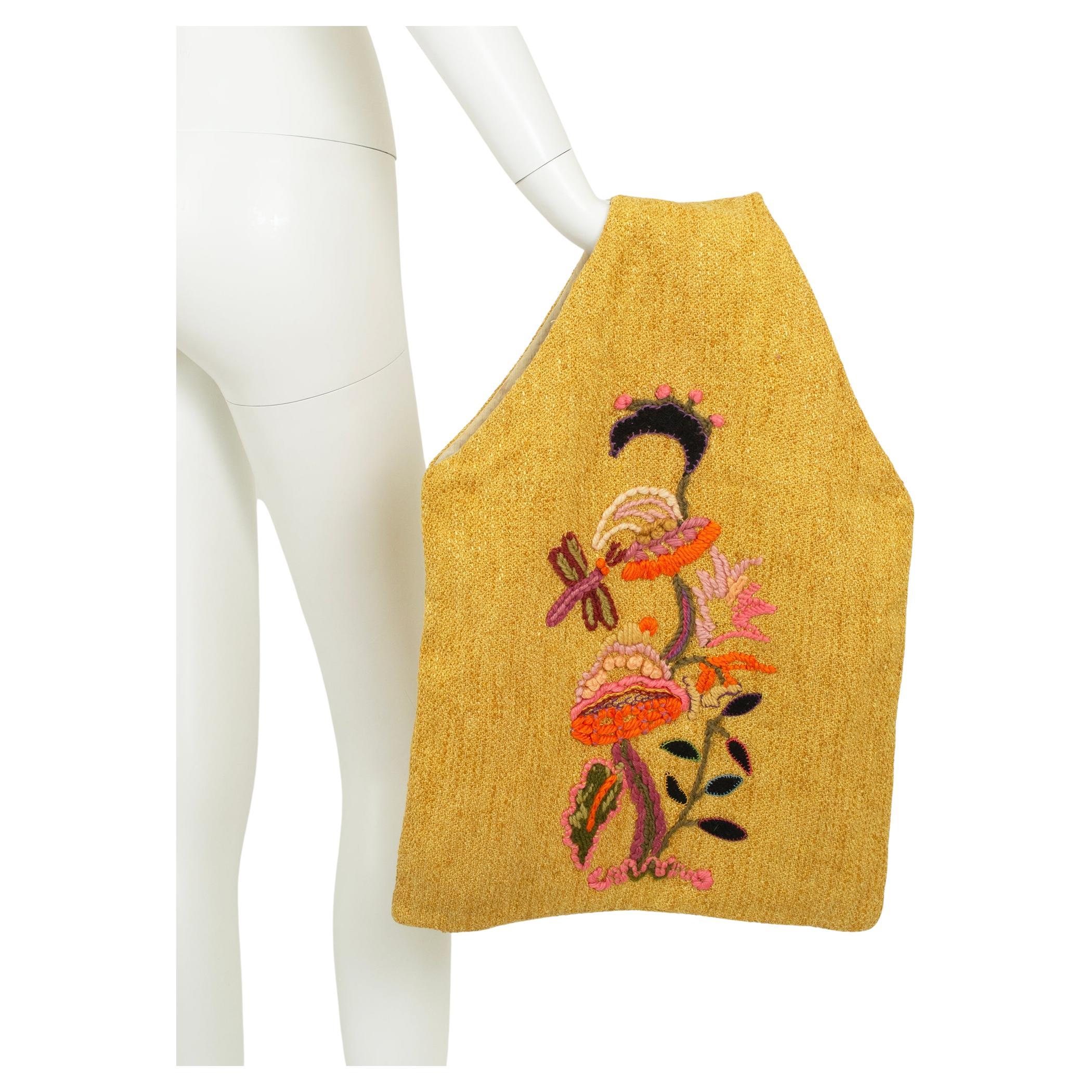 Large Mustard Bouclé Hobo Tote Bag w Embroidered Mushroom and Dragonfly, 1970s For Sale