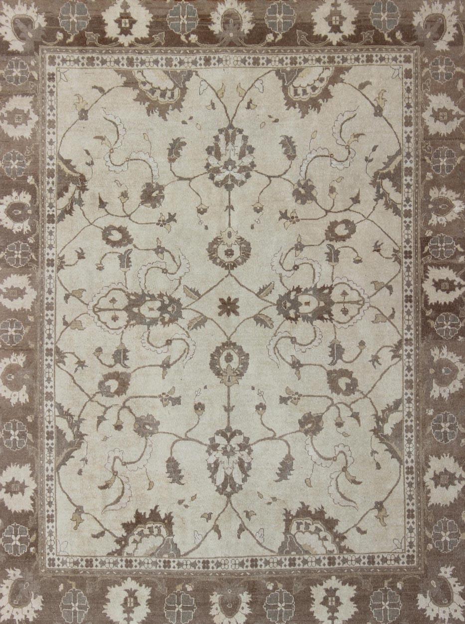 Sultanabad Earth Tone Afghan Oushak Rug in Brown and Cream For Sale