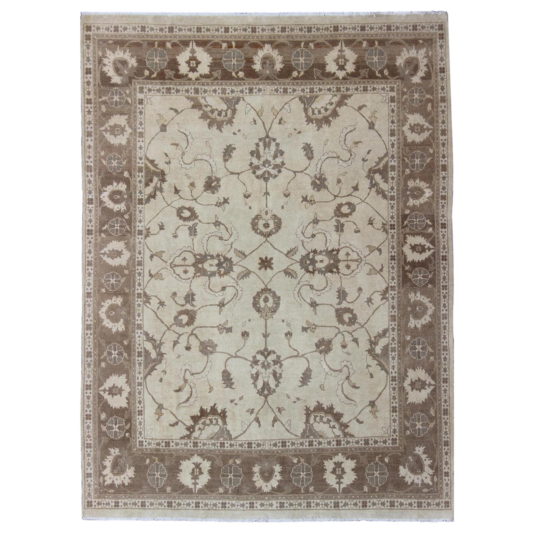 Earth Tone Afghan Oushak Rug in Brown and Cream For Sale