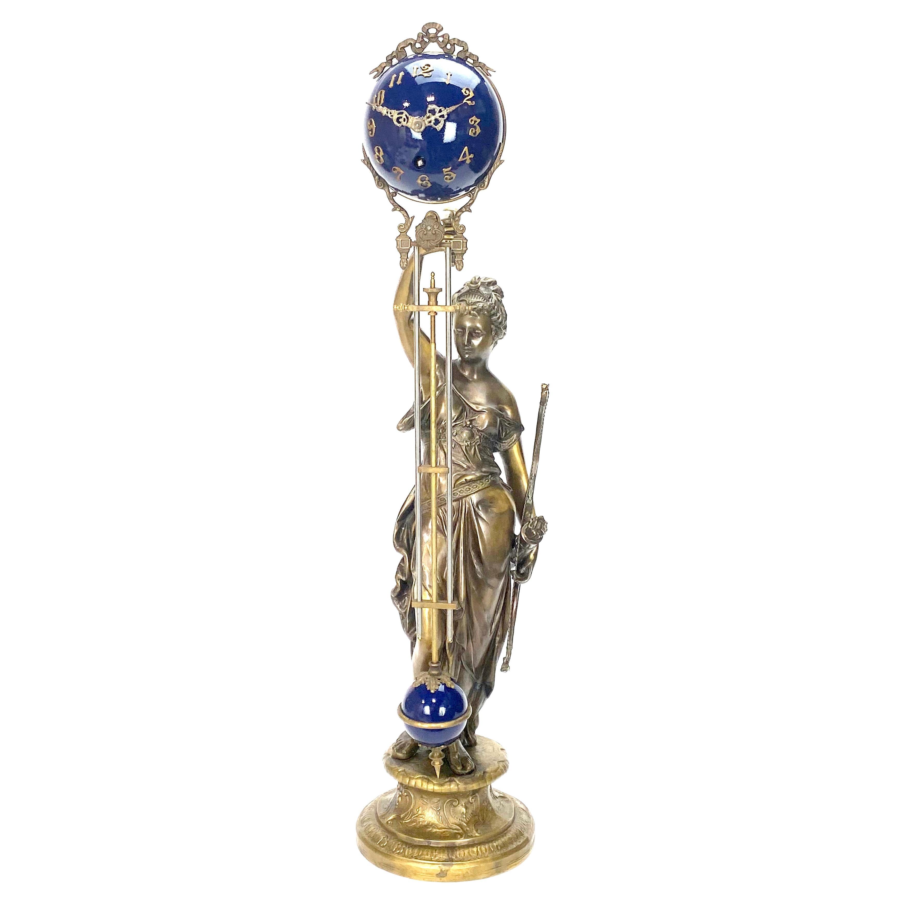 Large Mystery Brass Lady Diana 8 Day Cobalt Blue Ball Swinging Clock For Sale