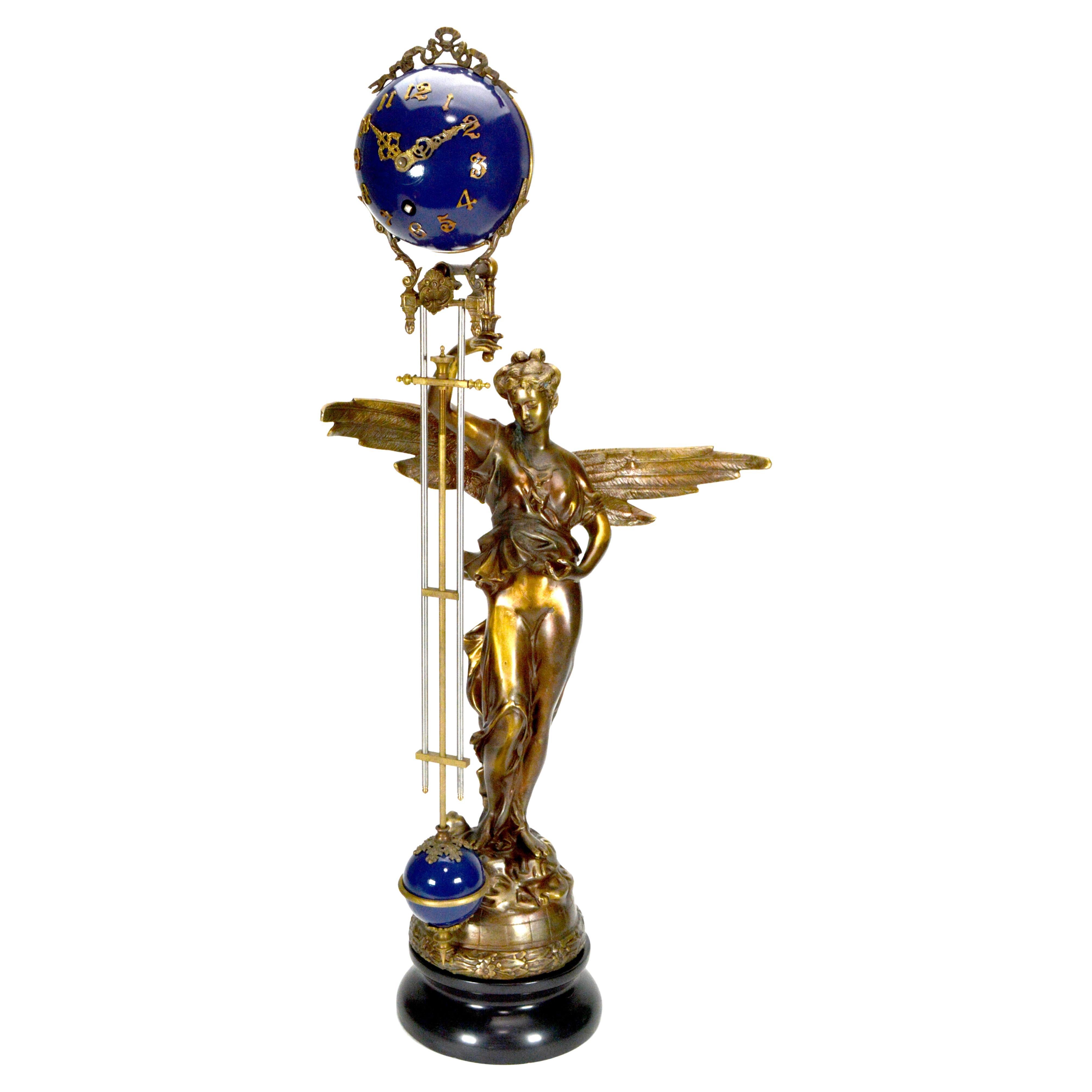 Large Mystery Brass Lady Gloria 8 Day 4" Cobalt Blue Ball Swinging Clock For Sale