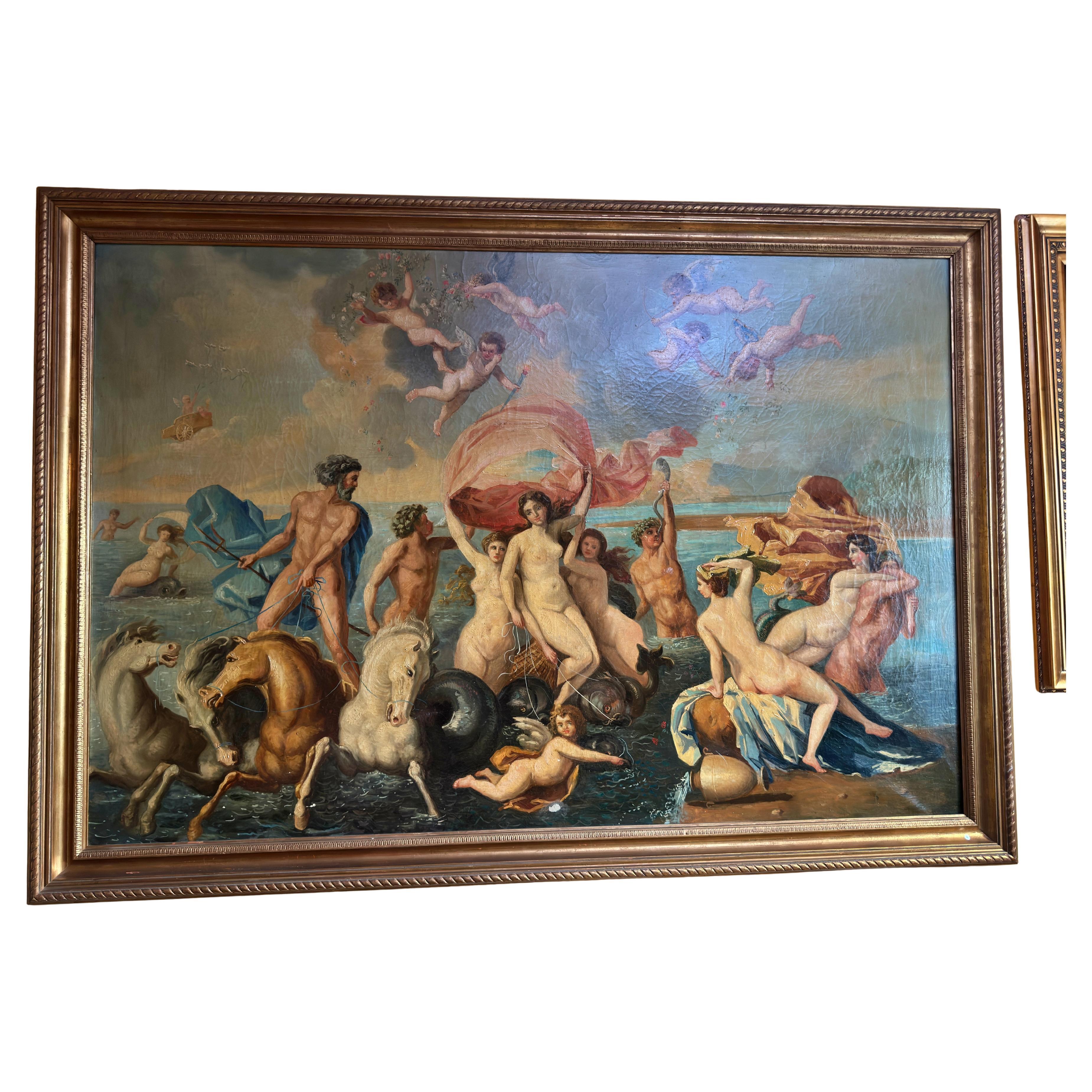 Großes mythologisches Ölgemälde des Triumphs der Venus, Kreis von Nicolas Poussin, 19.
Beeindruckendes, großformatiges Öl auf Leinwand, das den Triumph der Venus in einem maritimen Gefolge aus Nymphen, Tritonen und geflügelten Cherubinen darstellt.