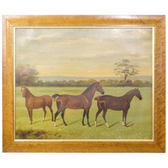 Large Naive 19th Century Oil Painting on Canvas of Three Horses in a Landscape