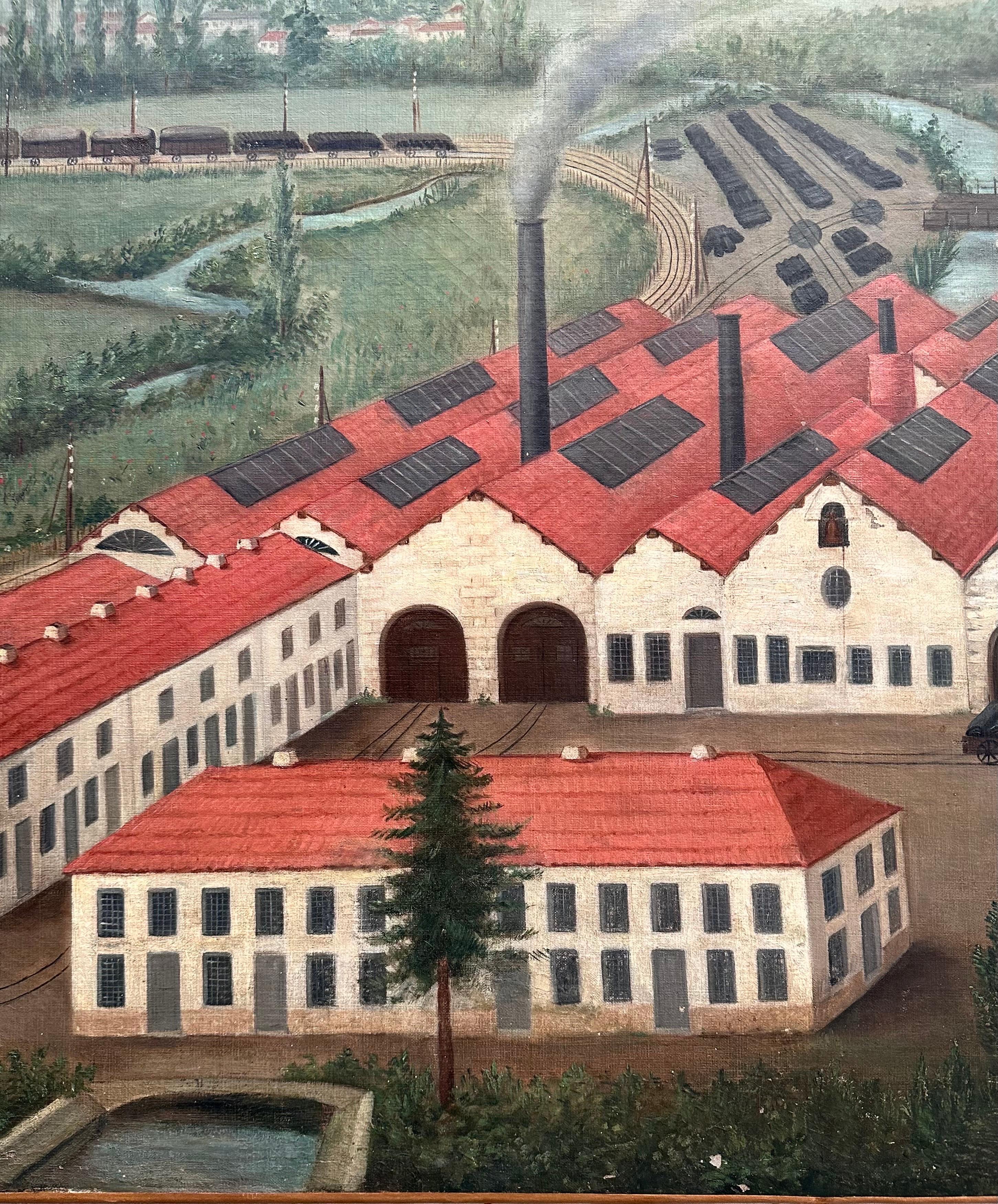 Large Naive Oil on Canvas, France, Late 19th c., dated 1895, View of a Factory For Sale 4