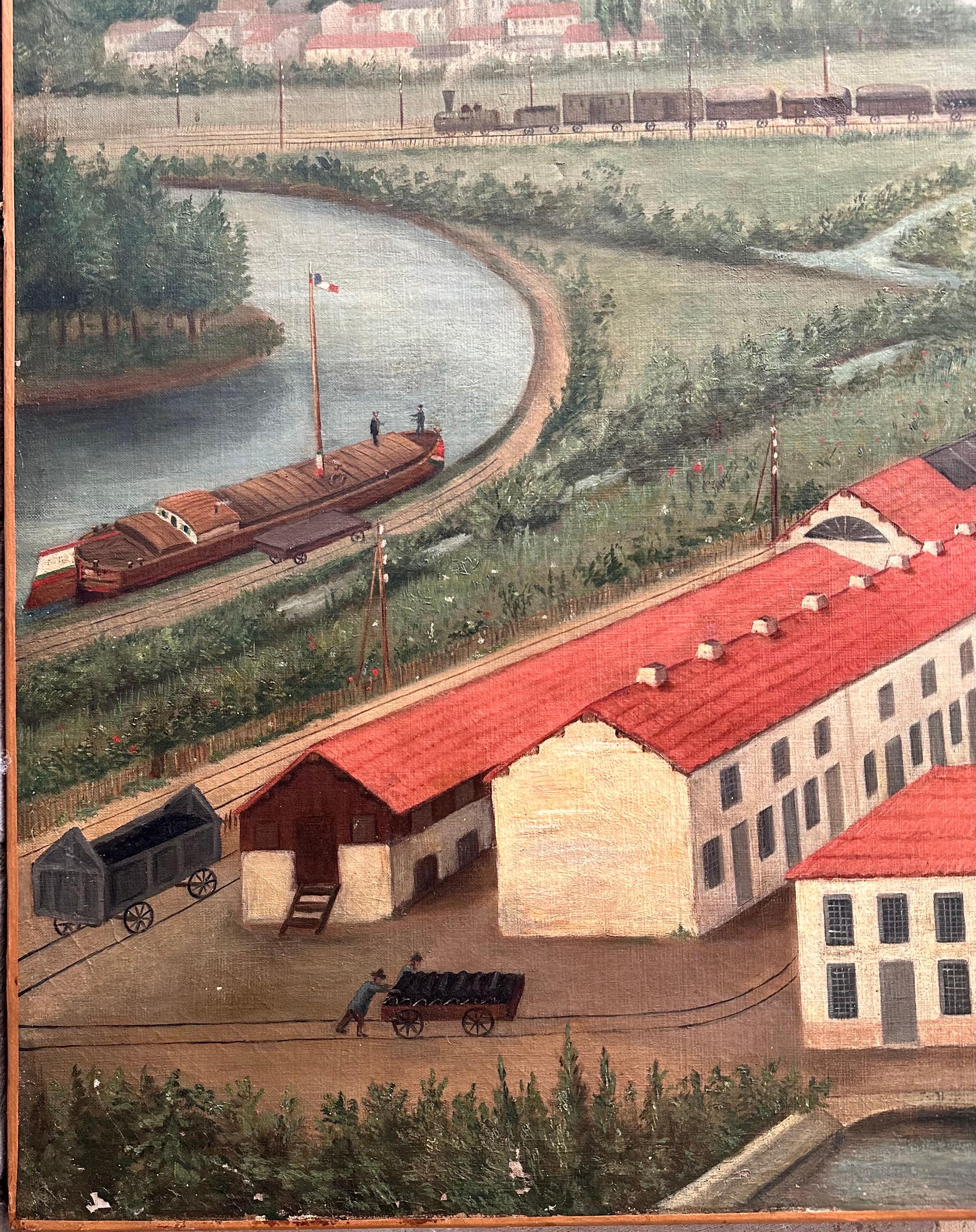 Large Naive Oil on Canvas, France, Late 19th c., dated 1895, View of a Factory For Sale 5