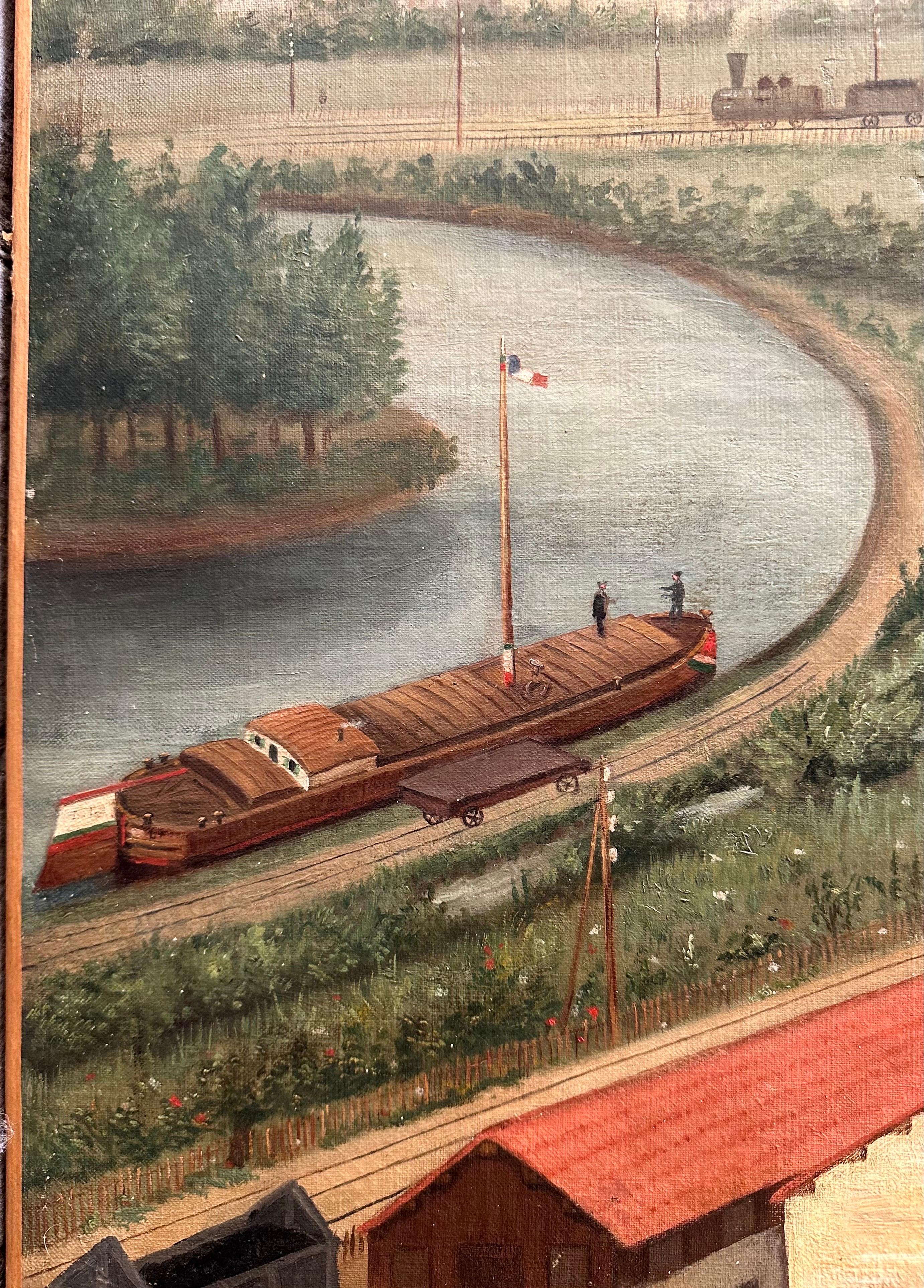 Large Naive Oil on Canvas, France, Late 19th c., dated 1895, View of a Factory For Sale 6