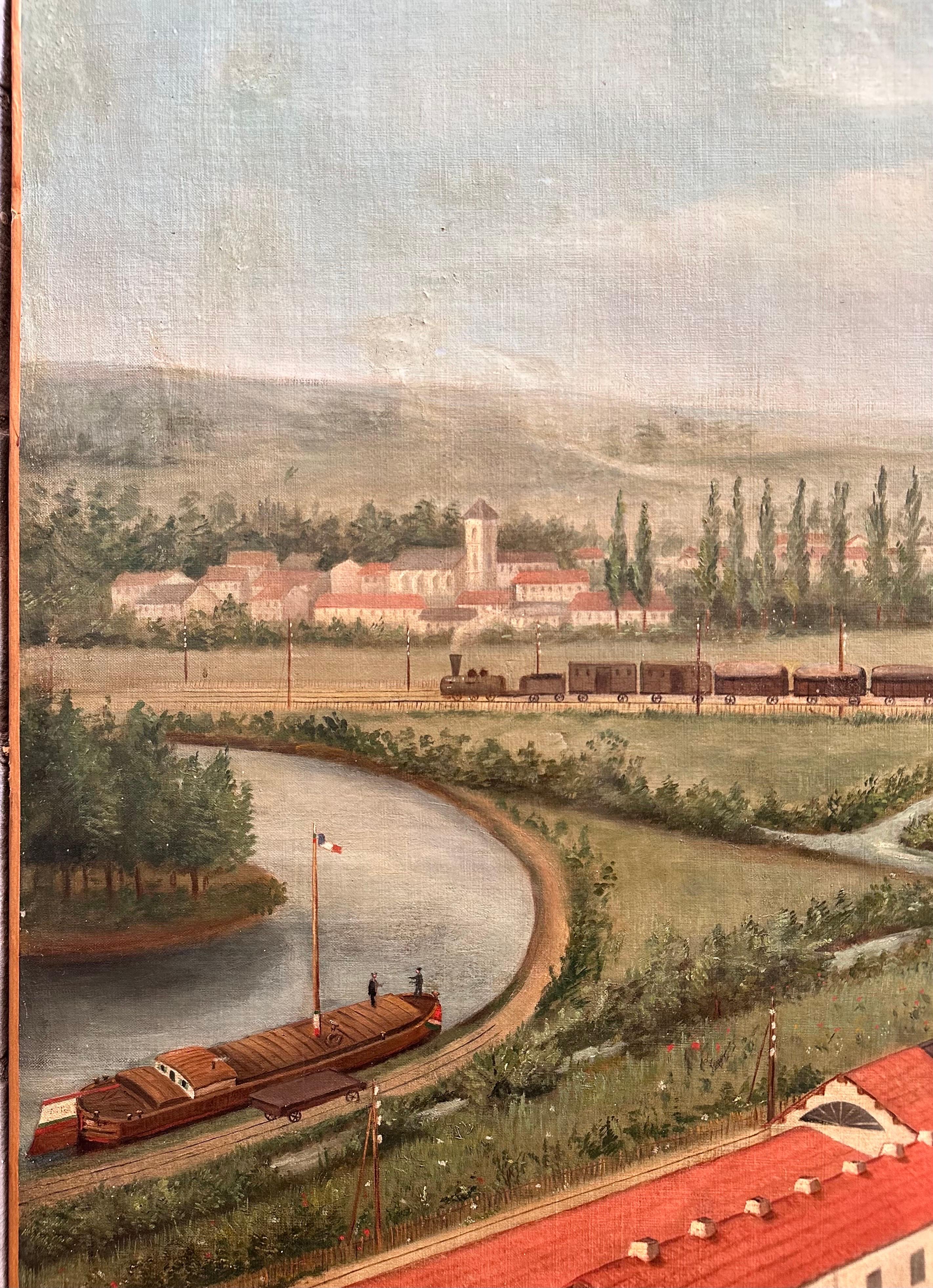 Large Naive Oil on Canvas, France, Late 19th c., dated 1895, View of a Factory For Sale 7