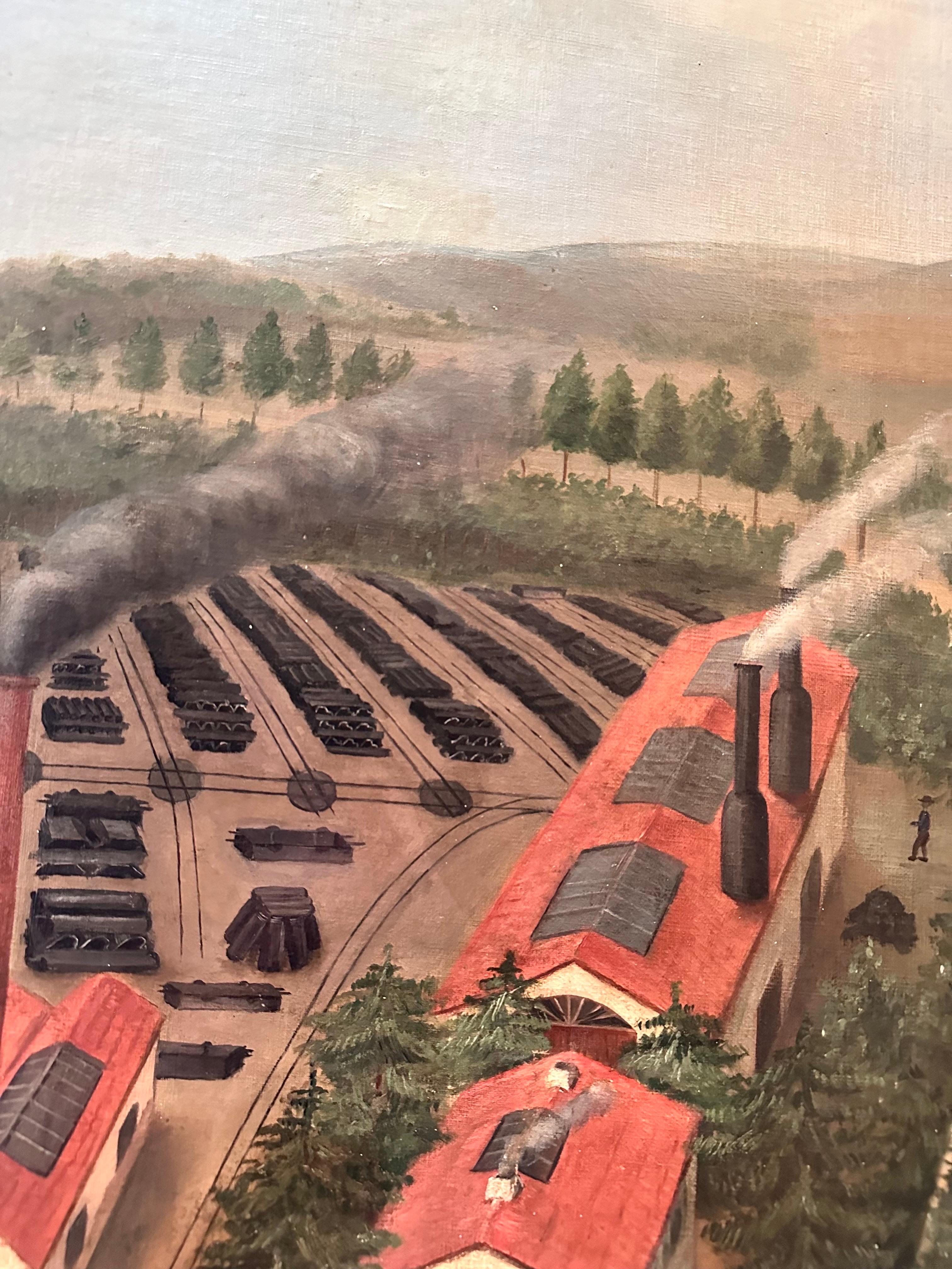 Large Naive Oil on Canvas, France, Late 19th c., dated 1895, View of a Factory For Sale 11