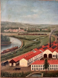 Large Naive Oil on Canvas, France, Late 19th c., dated 1895, View of a Factory