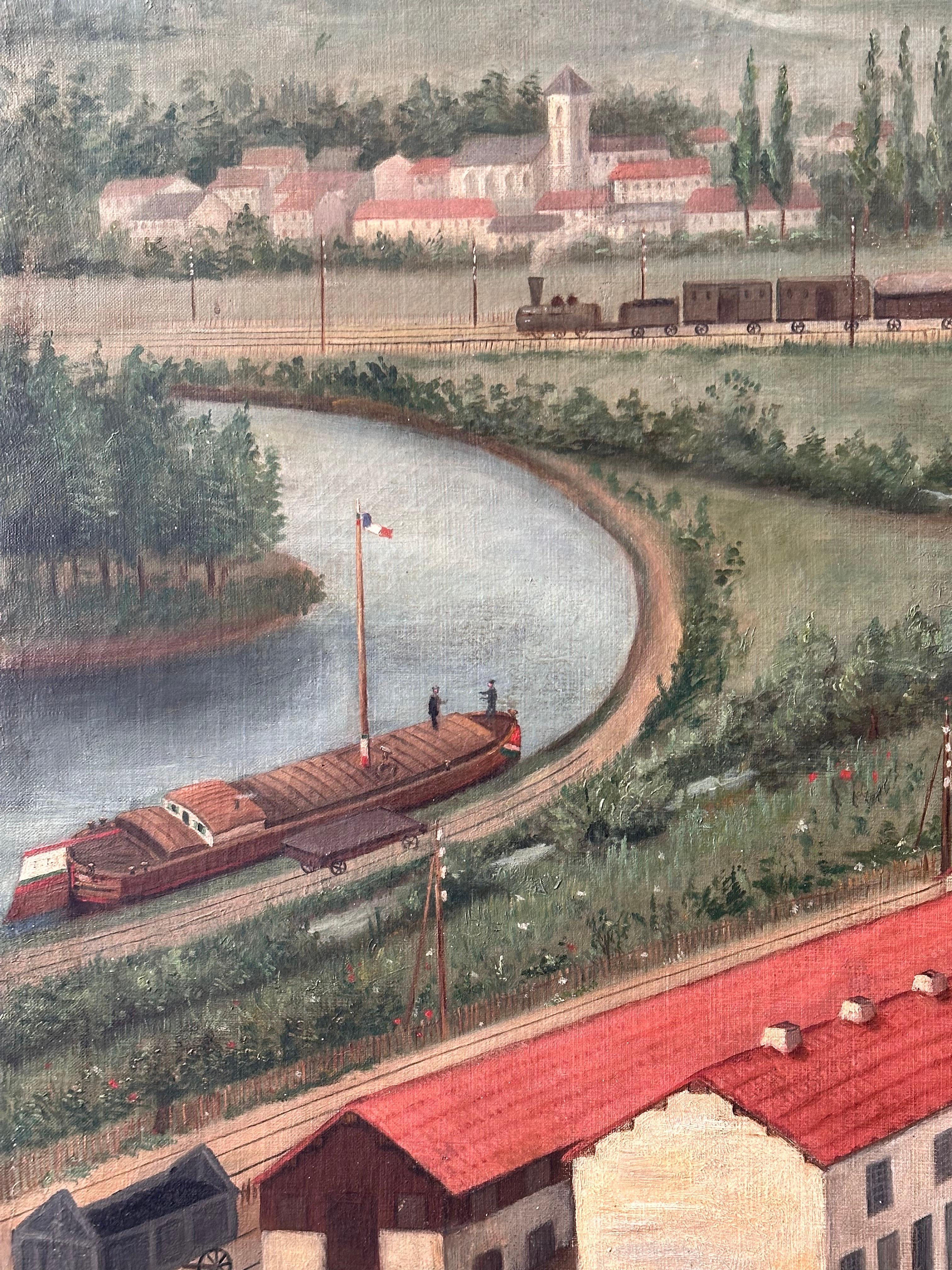 French Large Naive Oil on Canvas, France, Late 19th c., dated 1895, View of a Factory For Sale