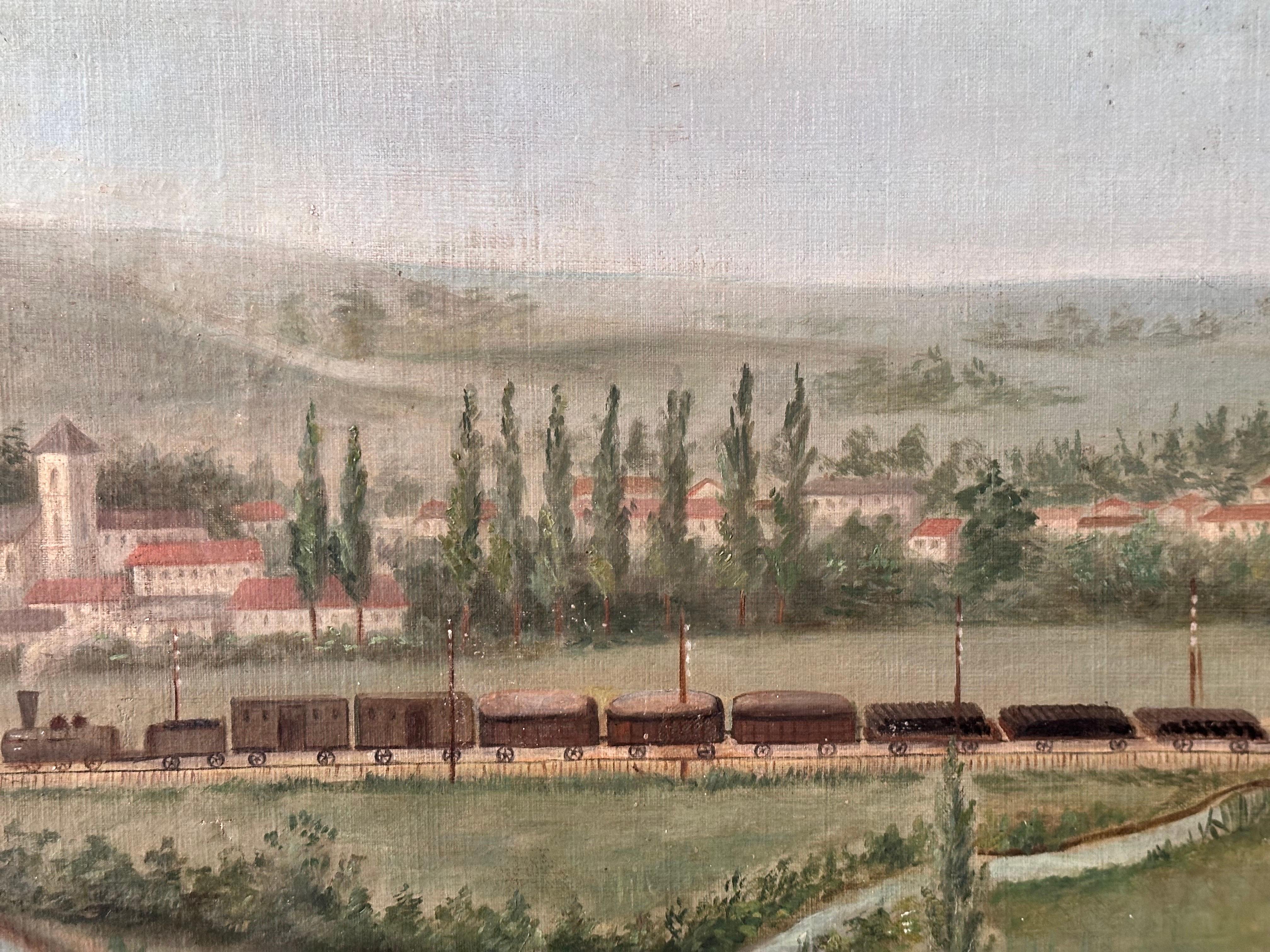 Hand-Painted Large Naive Oil on Canvas, France, Late 19th c., dated 1895, View of a Factory For Sale