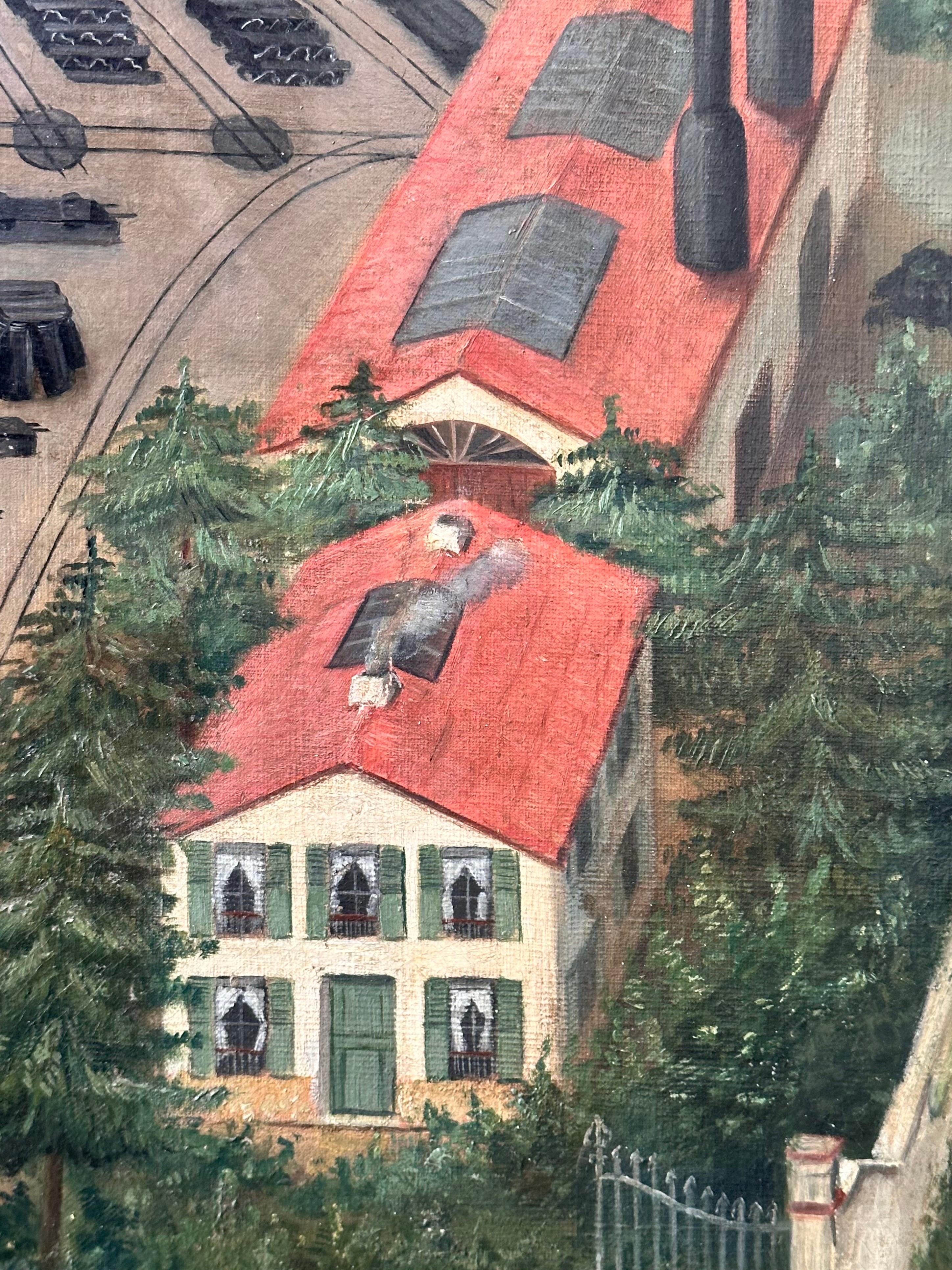 Large Naive Oil on Canvas, France, Late 19th c., dated 1895, View of a Factory In Good Condition For Sale In PARIS, FR