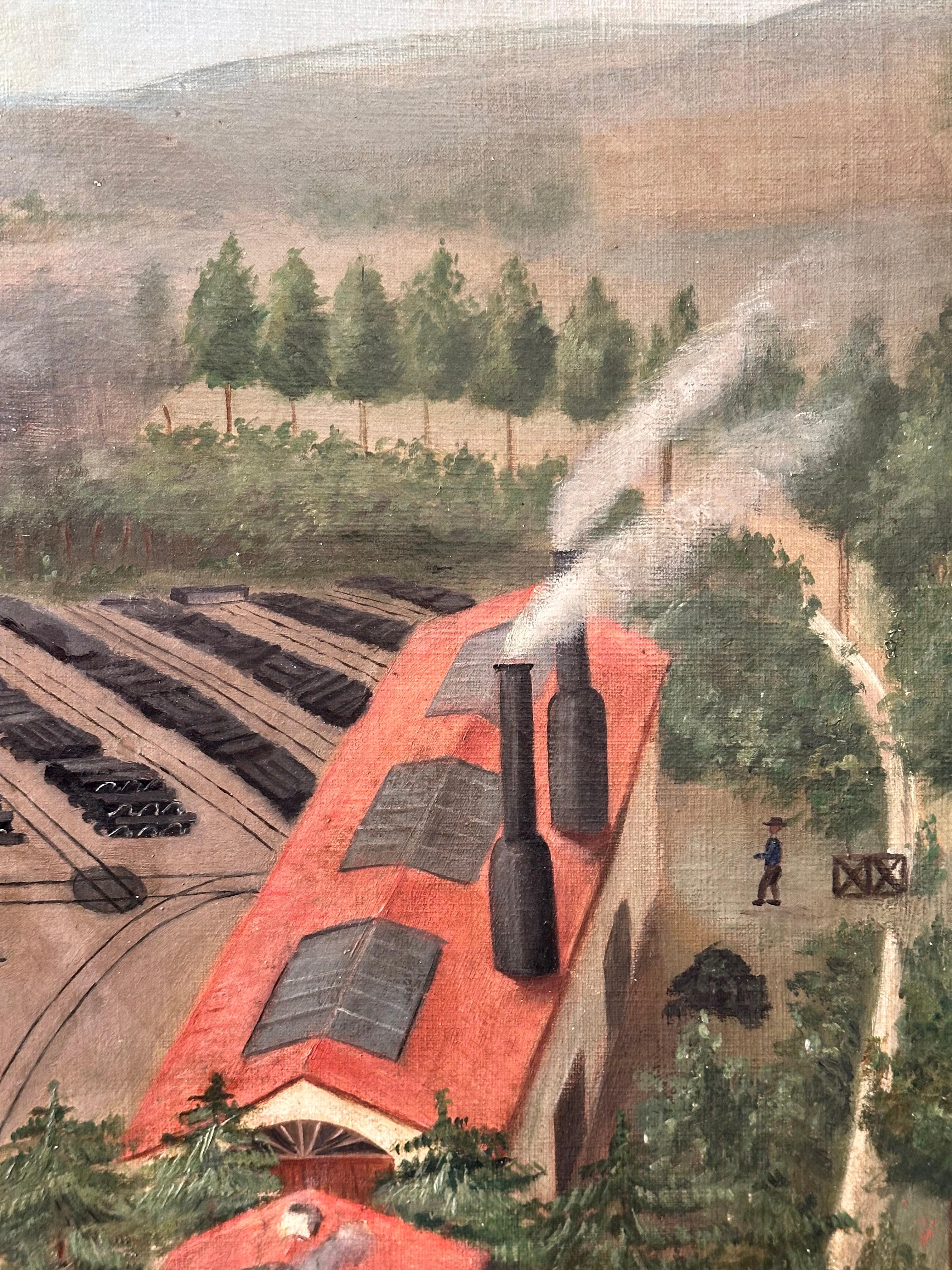 Late 19th Century Large Naive Oil on Canvas, France, Late 19th c., dated 1895, View of a Factory For Sale