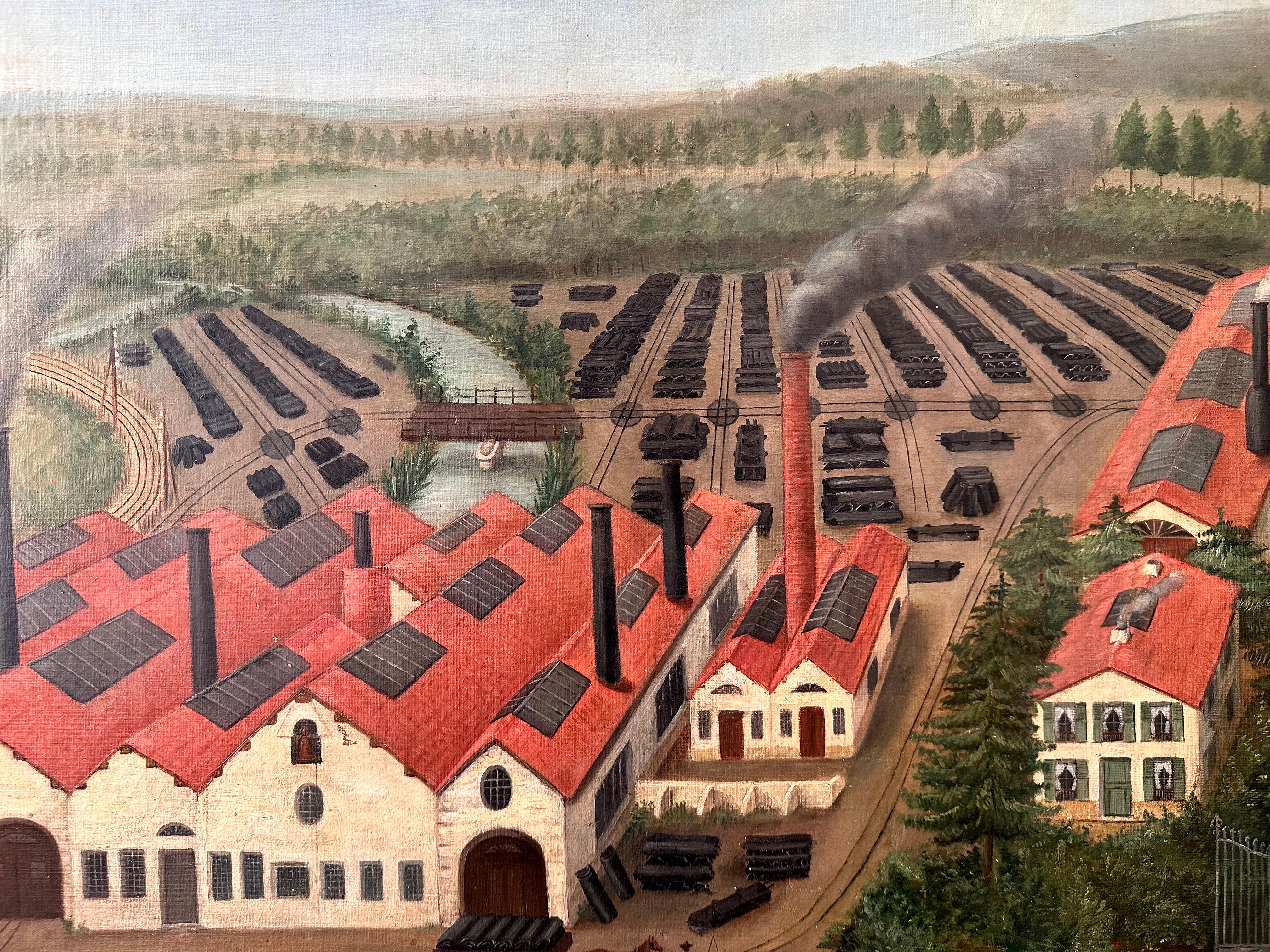 Large Naive Oil on Canvas, France, Late 19th c., dated 1895, View of a Factory For Sale 2