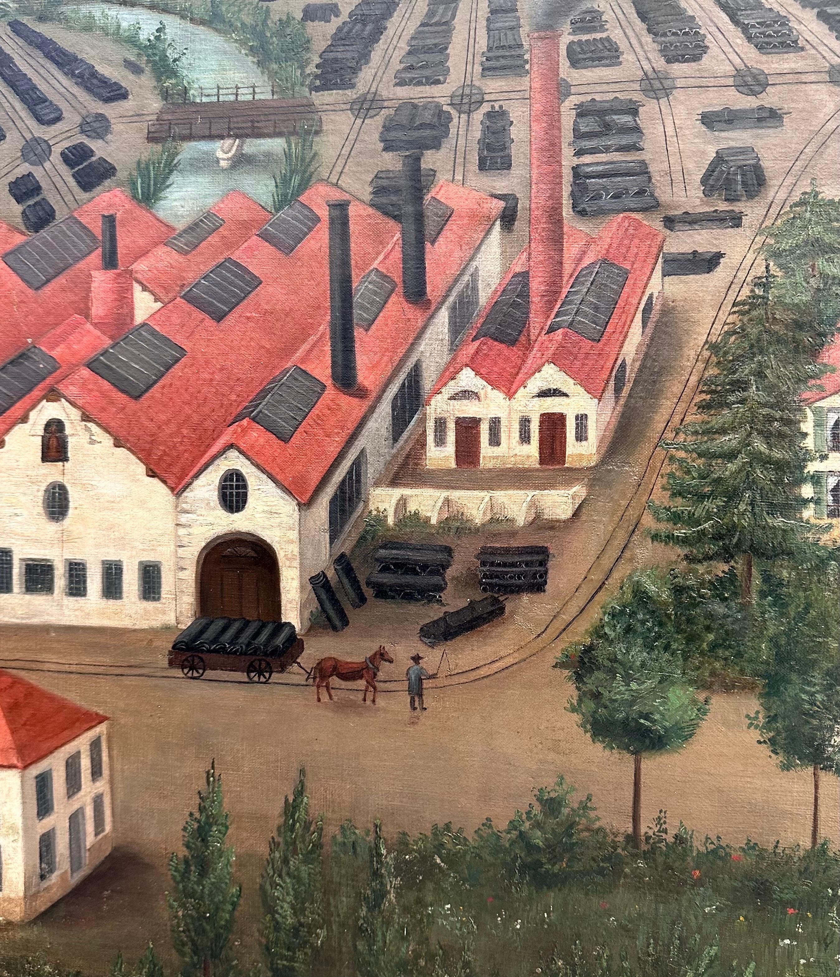 Large Naive Oil on Canvas, France, Late 19th c., dated 1895, View of a Factory For Sale 3