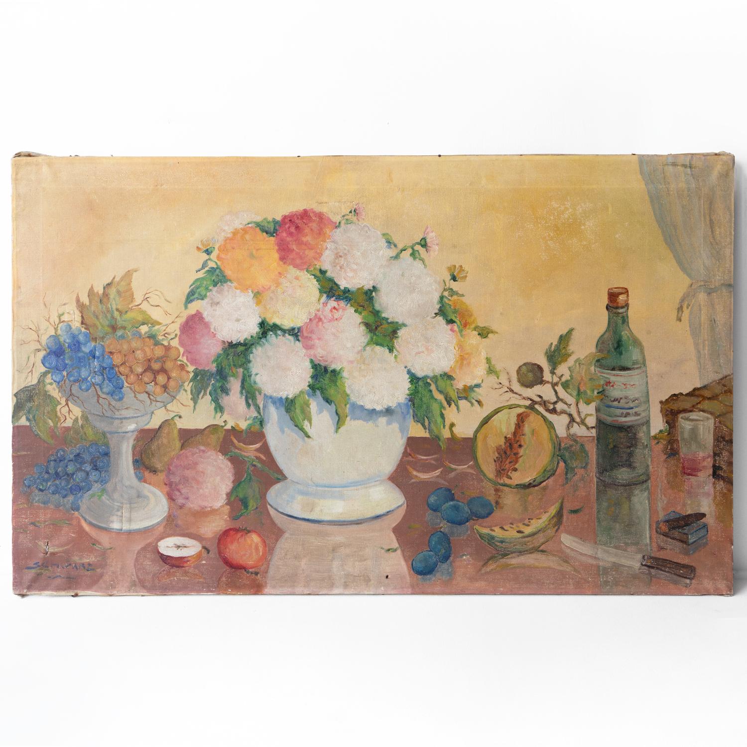 VINTAGE ORIGINAL OIL ON CANVAS PAINTING 

Depicting a central vase bursting with hydrangeas on a kitchen table surrounded by a wealth of different fruits including grapes, plums, apples, pears and a cantaloupe melon with a cigar burning on top of a