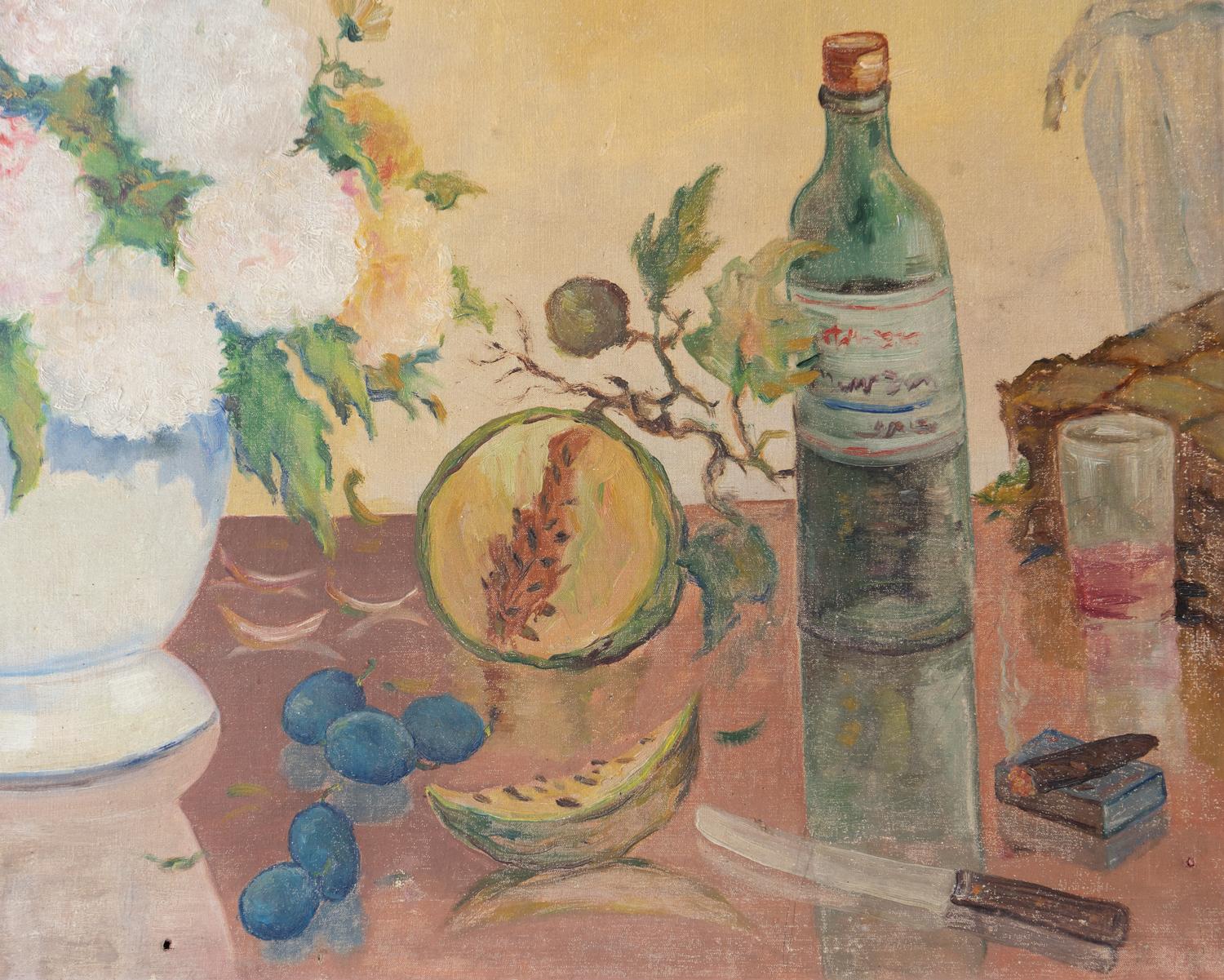 Folk Art Large Vintage Floral Still Life Painting, Original Oil On Canvas, Mid-20th C. For Sale