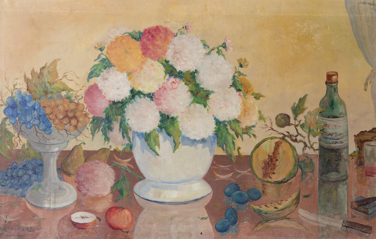 European Large Vintage Floral Still Life Painting, Original Oil On Canvas, Mid-20th C. For Sale