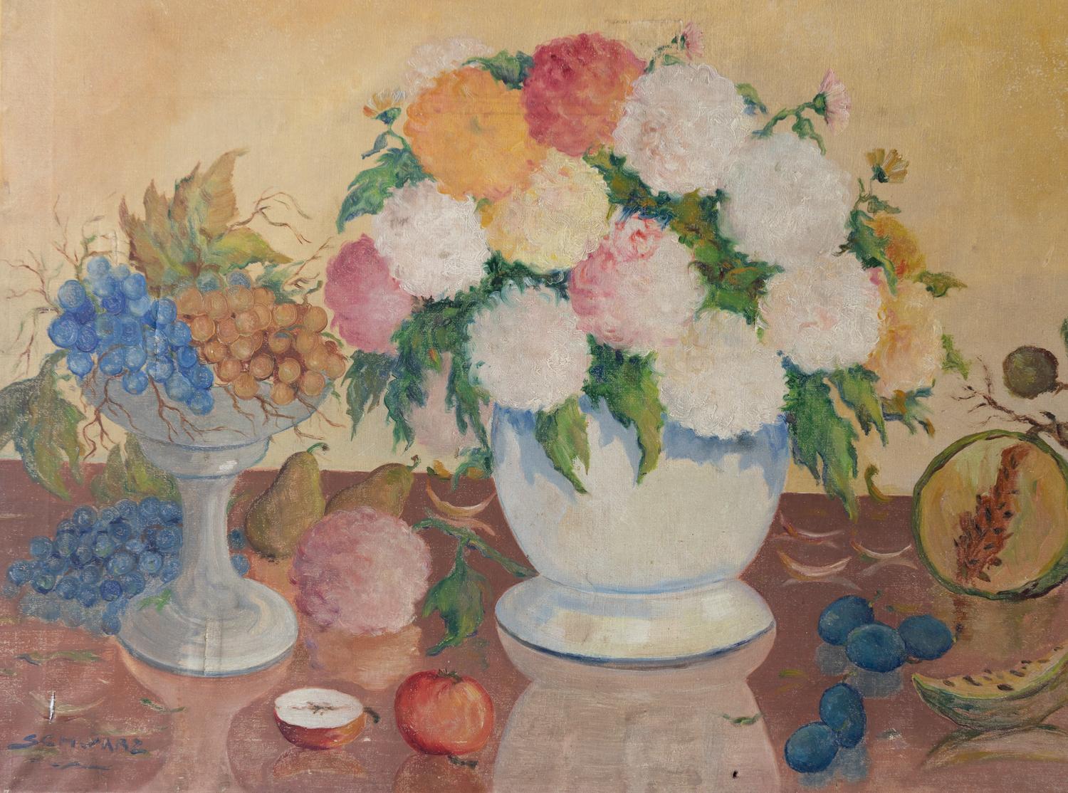 Hand-Painted Large Vintage Floral Still Life Painting, Original Oil On Canvas, Mid-20th C. For Sale