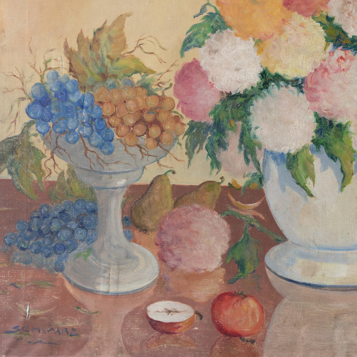 Large Vintage Floral Still Life Painting, Original Oil On Canvas, Mid-20th C. In Good Condition For Sale In Bristol, GB