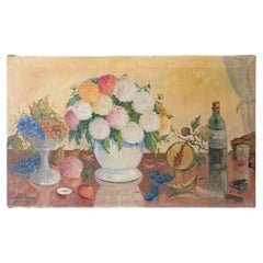 Großes geblümtes Vintage-Stillleben, Original-Ölgemälde auf Leinwand, Mitte des 20. Jahrhunderts.