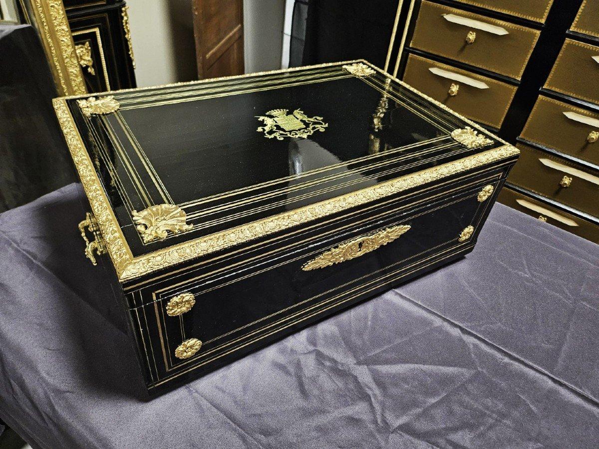 Very Large Black French Napoleon III Boulle Brass Decorative Box 19th Century For Sale 7