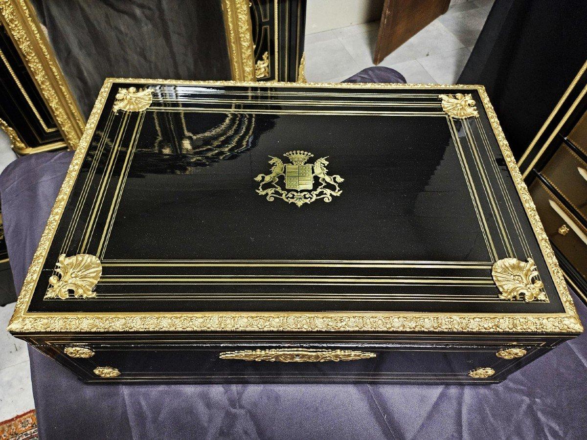 Blackened Very Large Black French Napoleon III Boulle Brass Decorative Box 19th Century For Sale