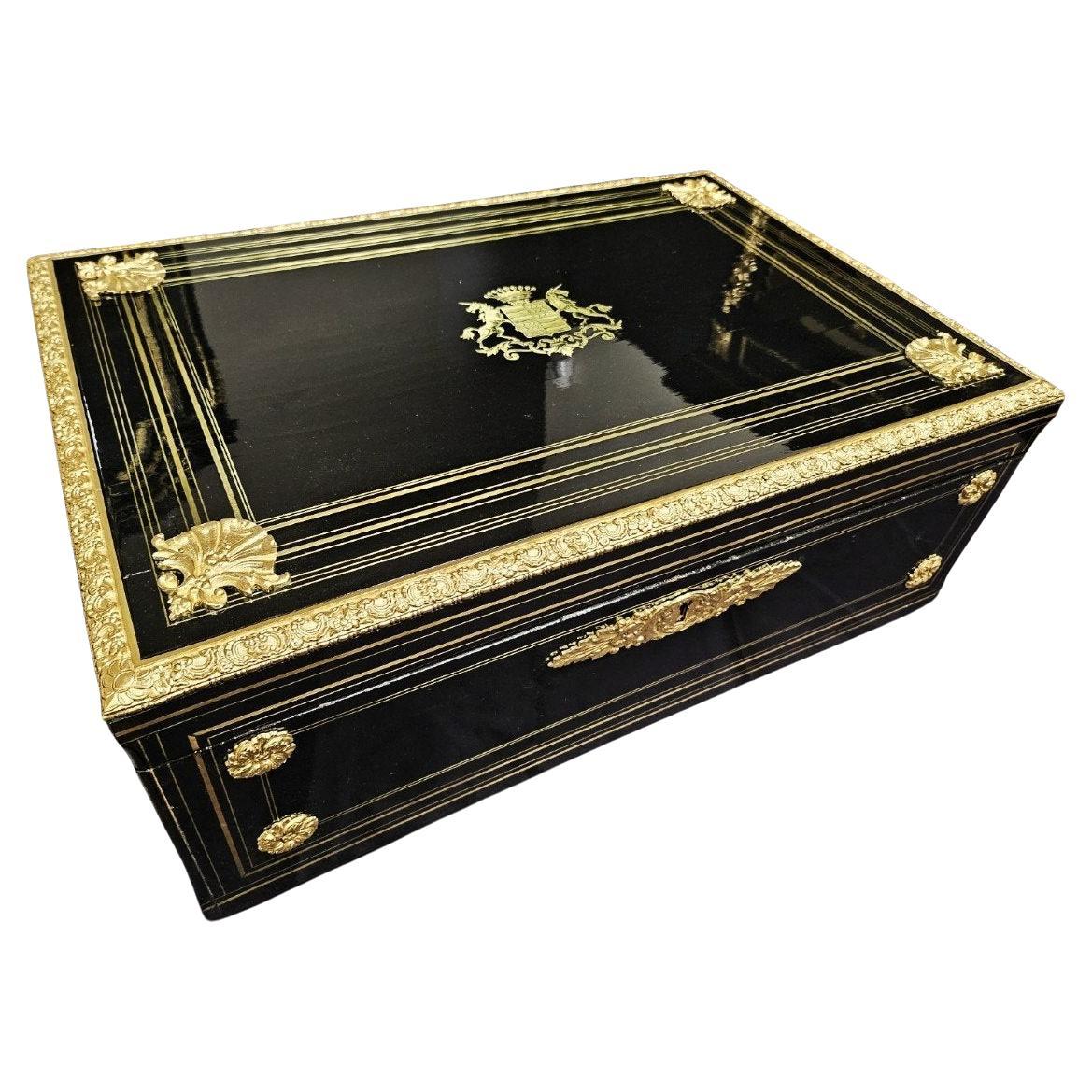 Very Large Black French Napoleon III Boulle Brass Decorative Box 19th Century For Sale