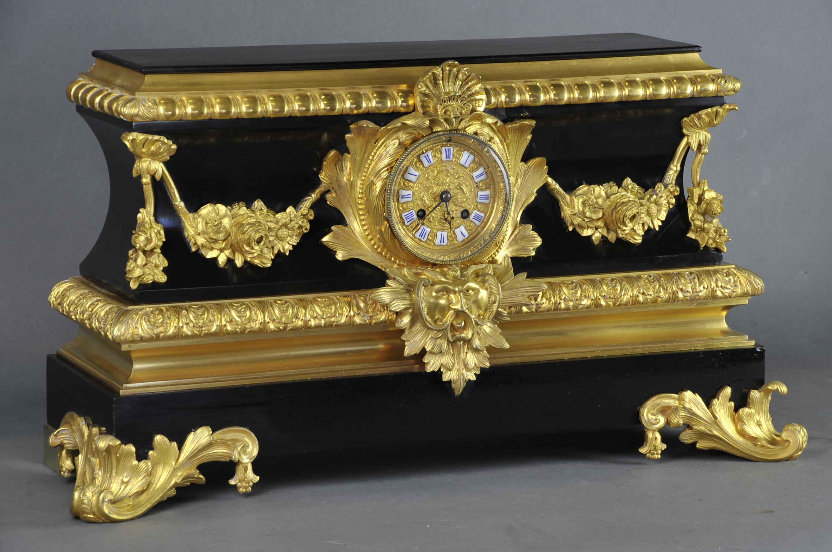 French Large Napoleon III Clock in Black Belgian Marble and Gilt Bronze by Raingo Frère