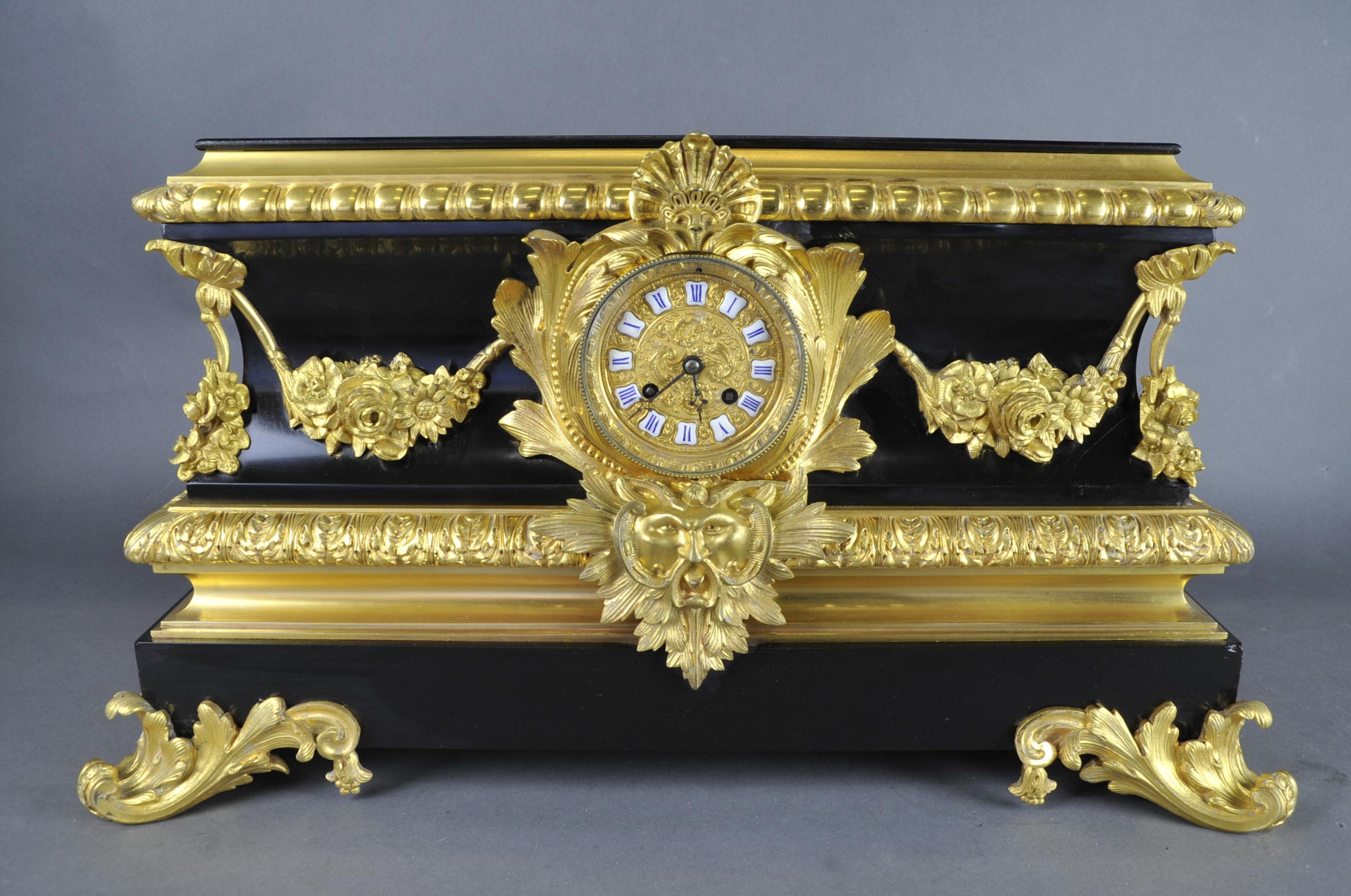 Bronze doré Grande horloge Napoléon III en marbre noir belge et bronze doré par Raingo Frère en vente