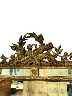 Large Napoléon III Giltwood Mirror with Laurel Crest, and Aged Glass