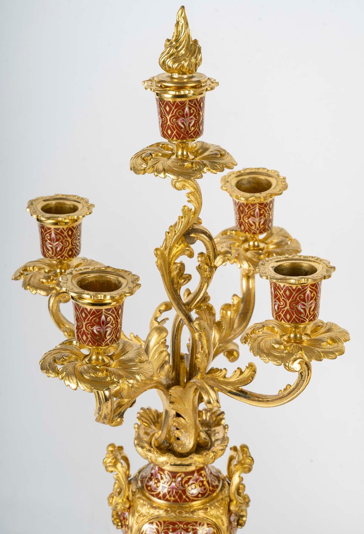 Enameled Large Napoleon III Period Gilt Bronze Mantel Set,  19th Century For Sale