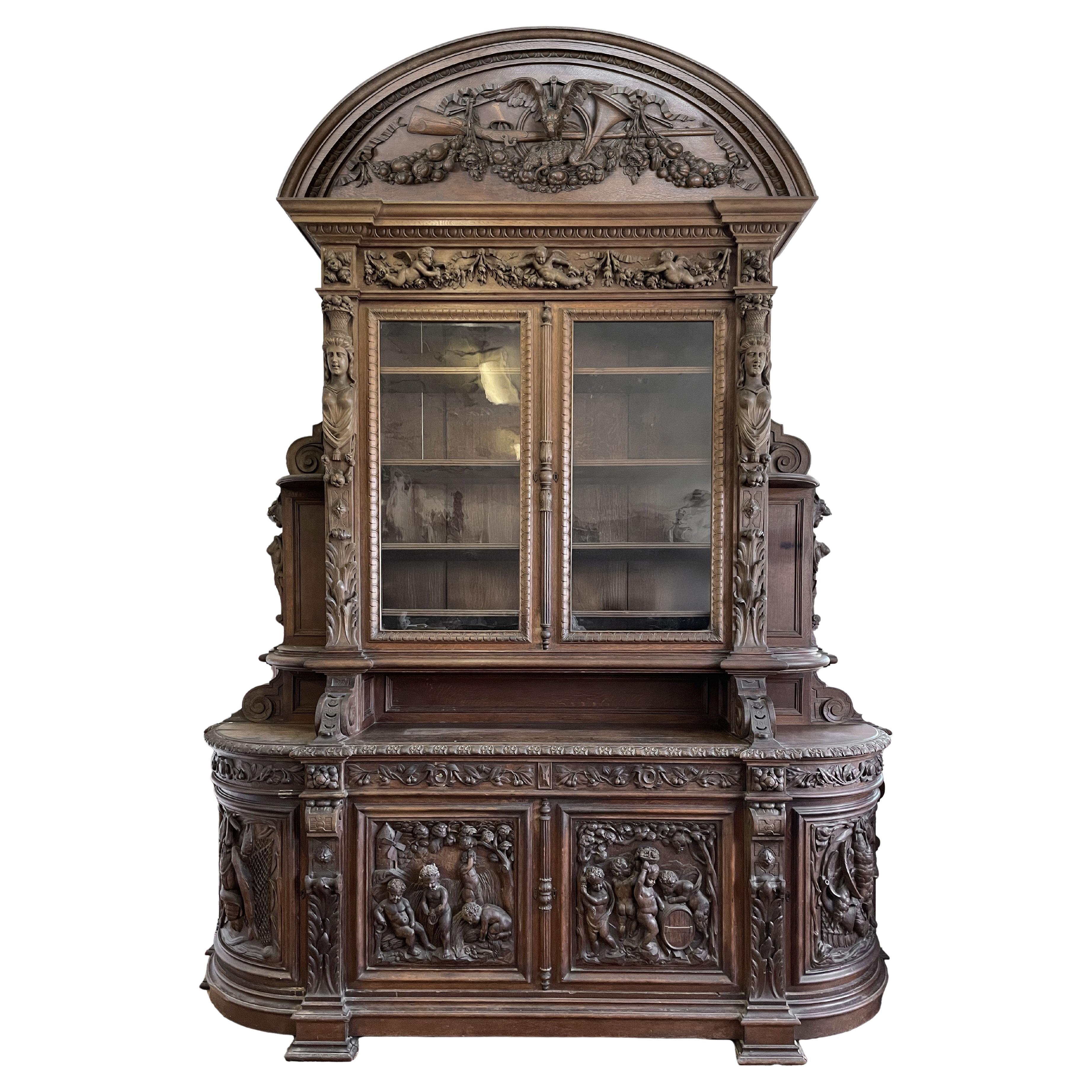 Grande libreria in Oak stile Napoleone III - tema Four Seasons in vendita