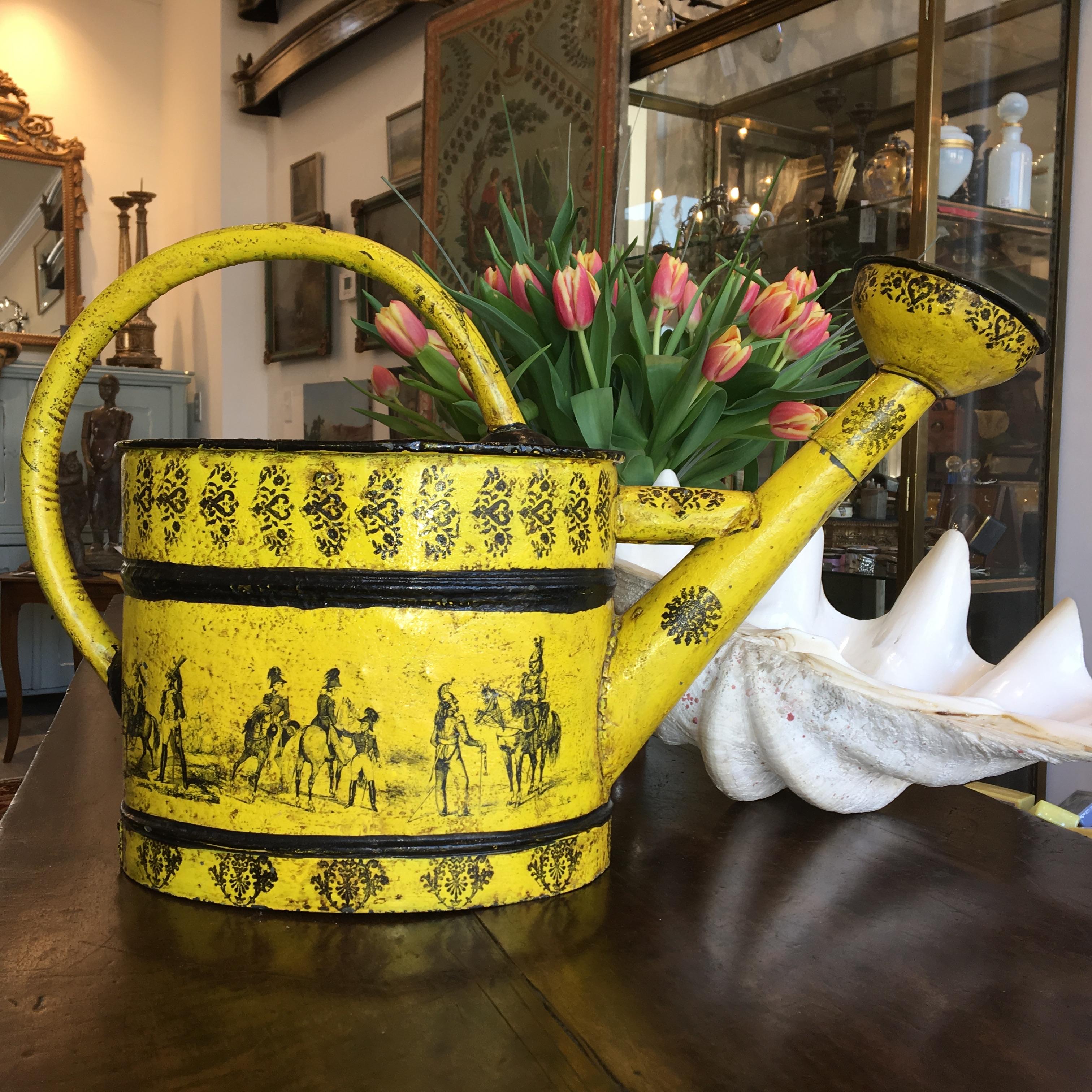 Large Napoleon III tole watering can in vibrant yellow and black, found in Provence. A stunning French Provincial piece.