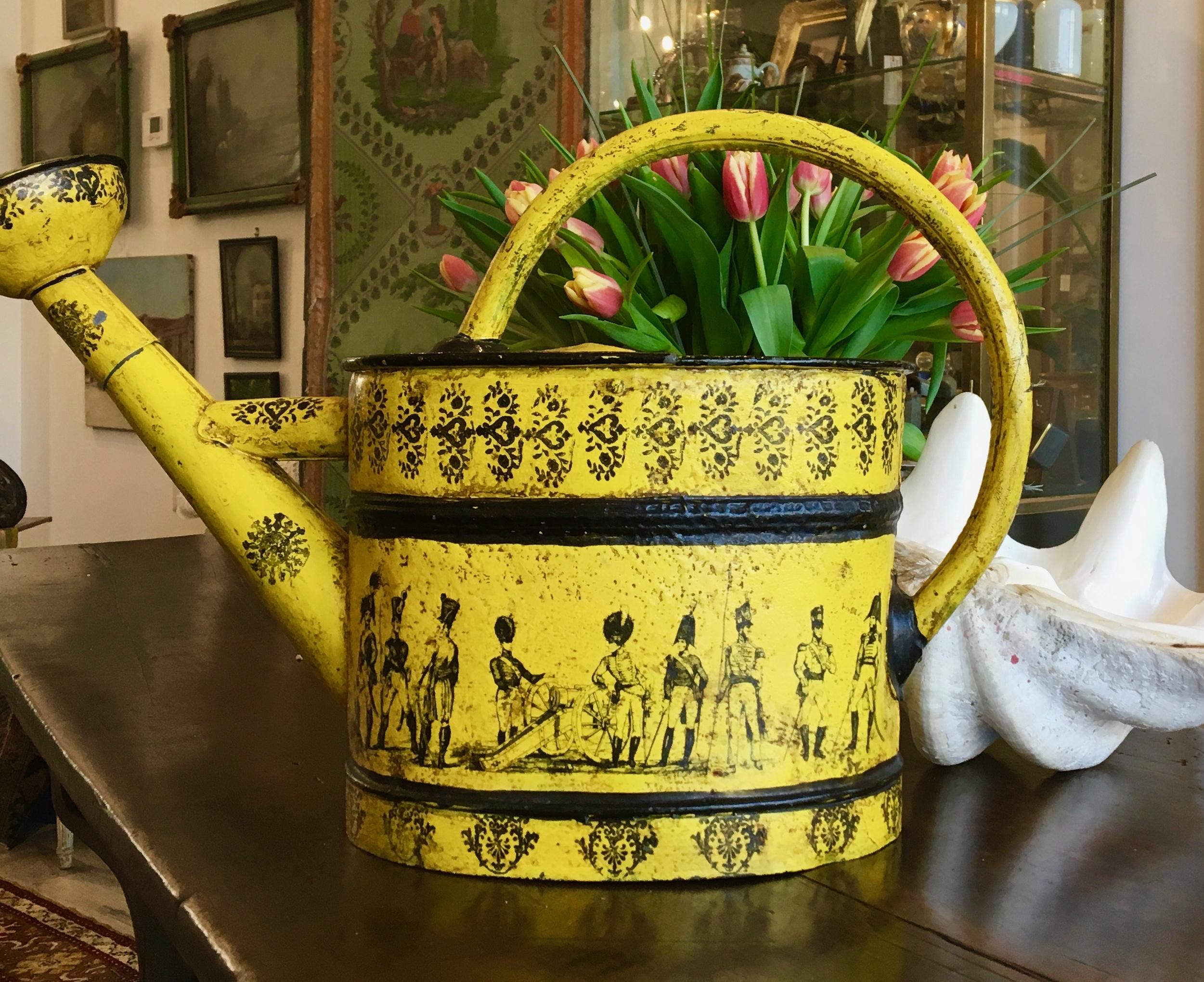 Polychromed Large Napoleon III Yellow Tole Watering Can