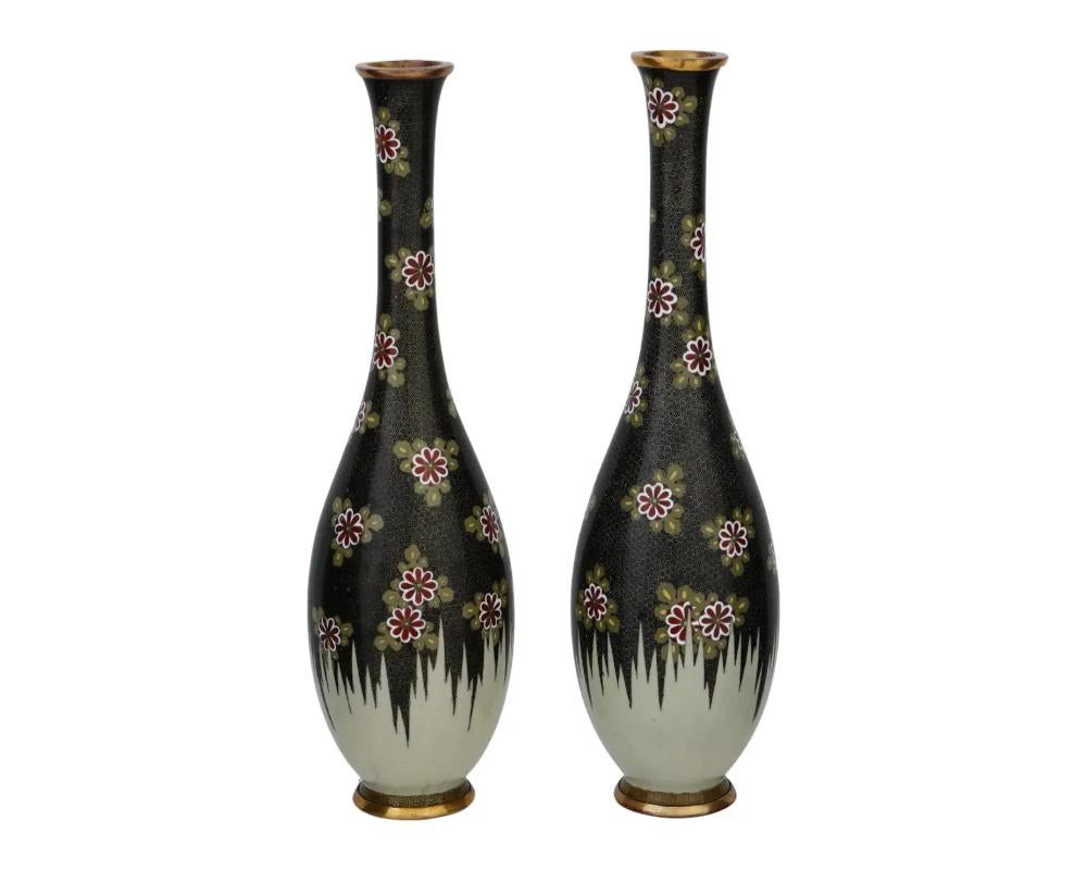 A pair of antique Japanese Meiji period cloisonne vases boasting elongated necks. Showcase meticulous enamel workmanship, with vibrant floral designs crafted along their elongated forms. The delicate beauty of the floral motifs against the backdrop