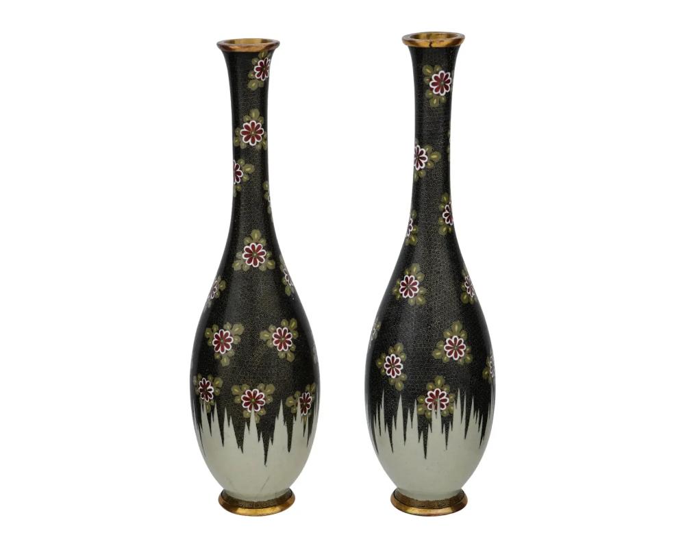 19th Century A Large Pair Of Narrow Neck Antique Japanese Cloisonne Enamel Meiji Vases For Sale