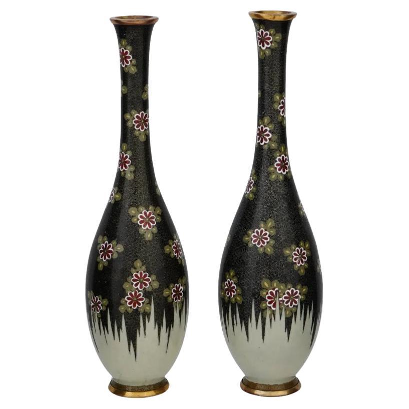 A Large Pair Of Narrow Neck Antique Japanese Cloisonne Enamel Meiji Vases For Sale