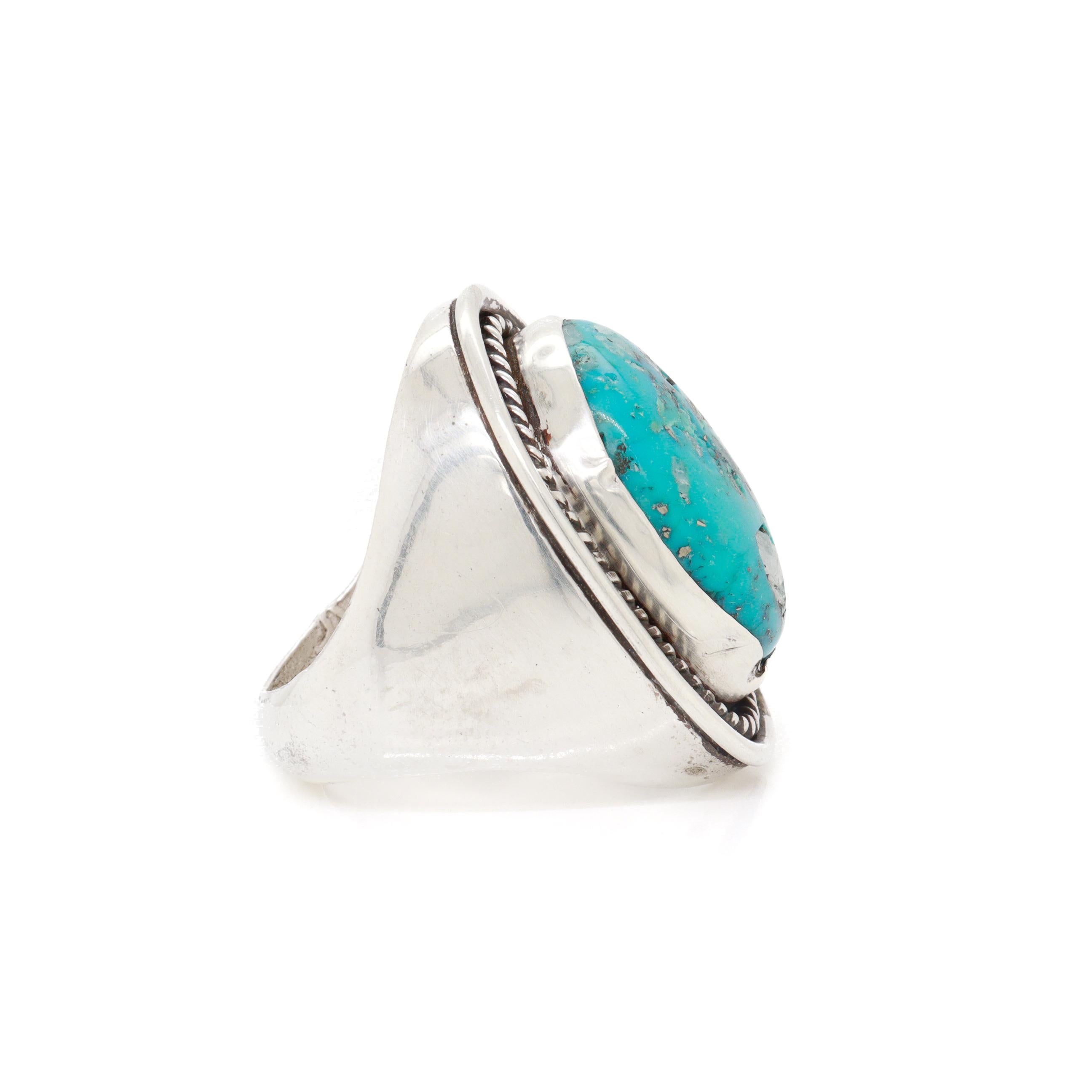 Großer indianischer Silber & Türkis Cabochon Signet Style Ring im Angebot 6