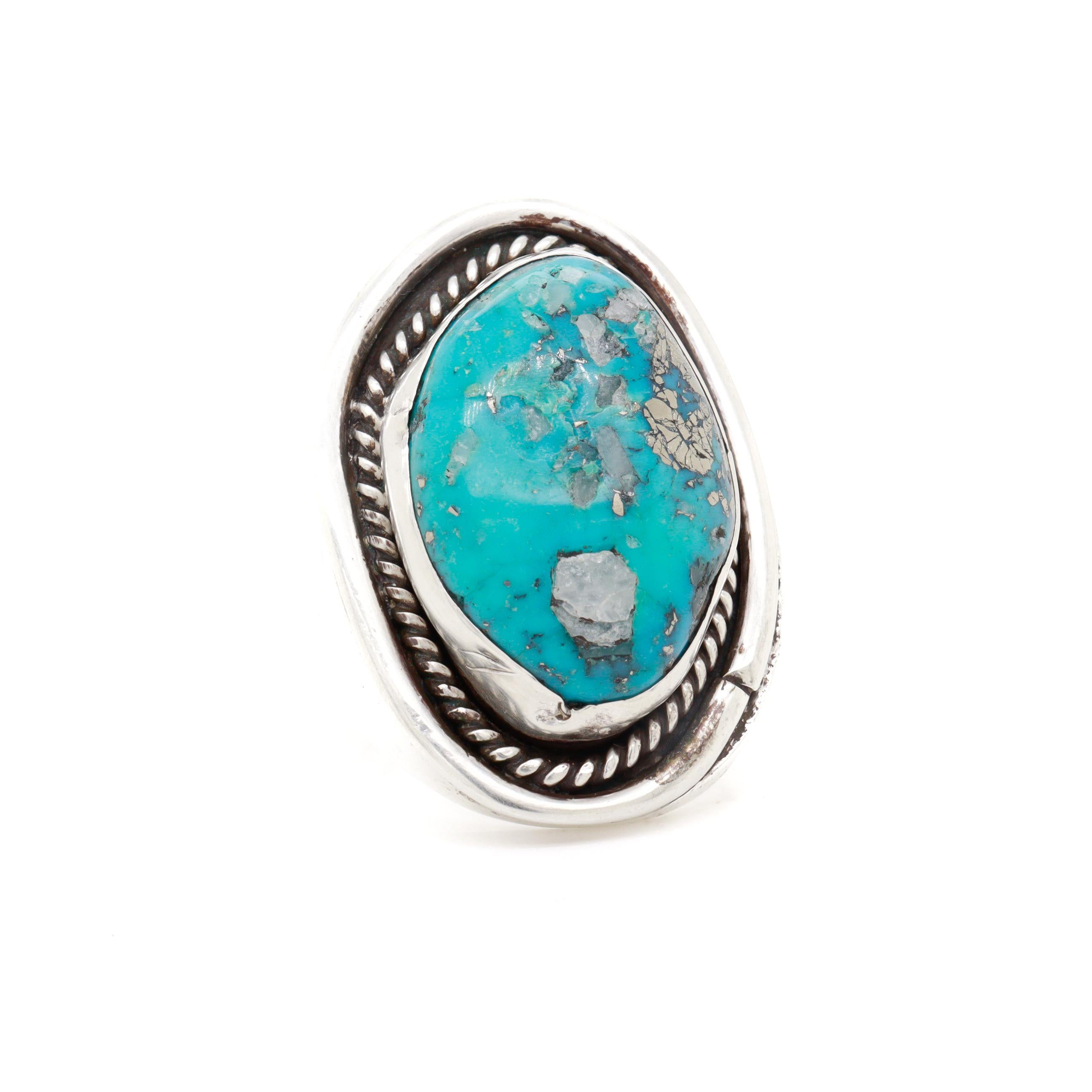 Großer indianischer Silber & Türkis Cabochon Signet Style Ring im Angebot 7