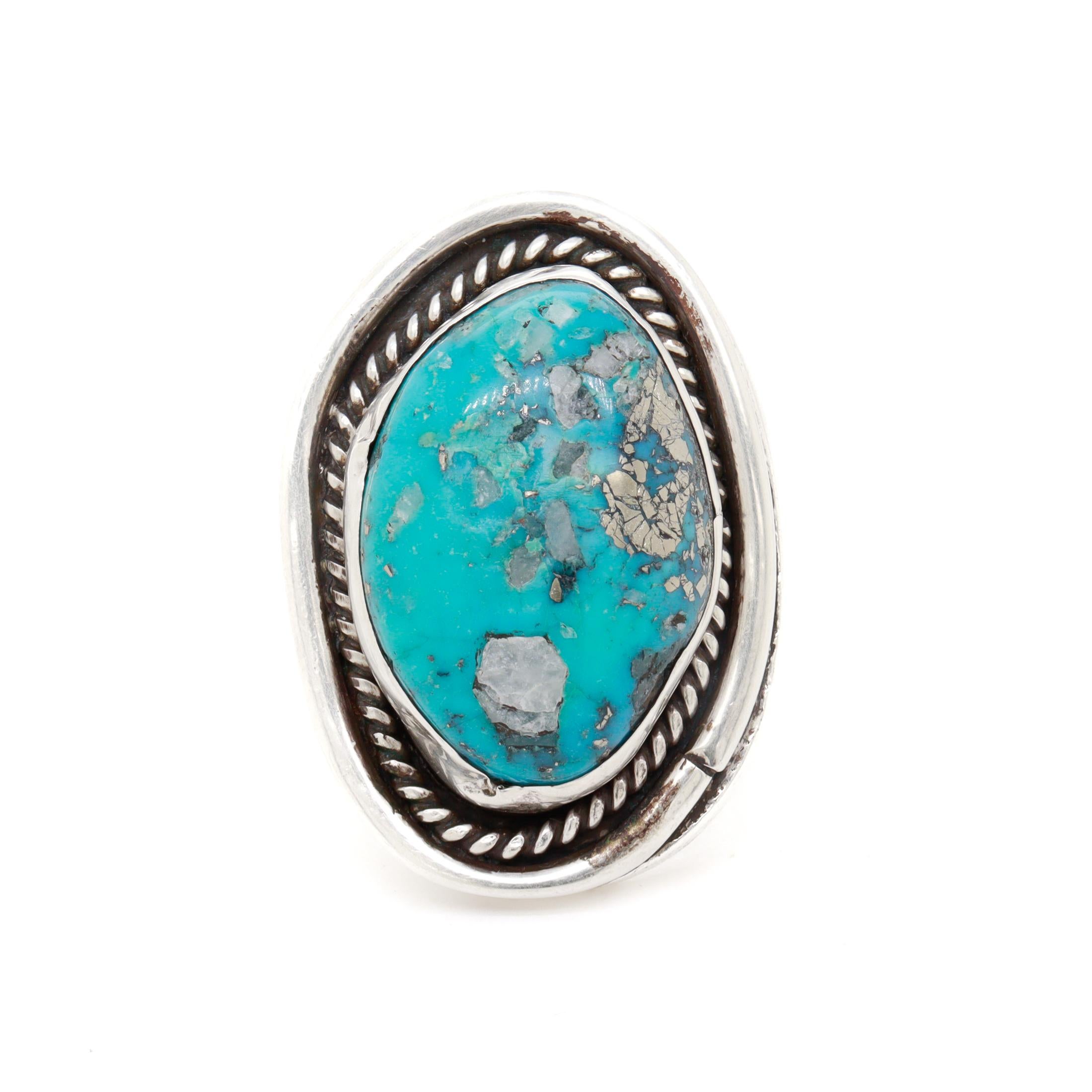 Großer indianischer Silber & Türkis Cabochon Signet Style Ring im Angebot 8