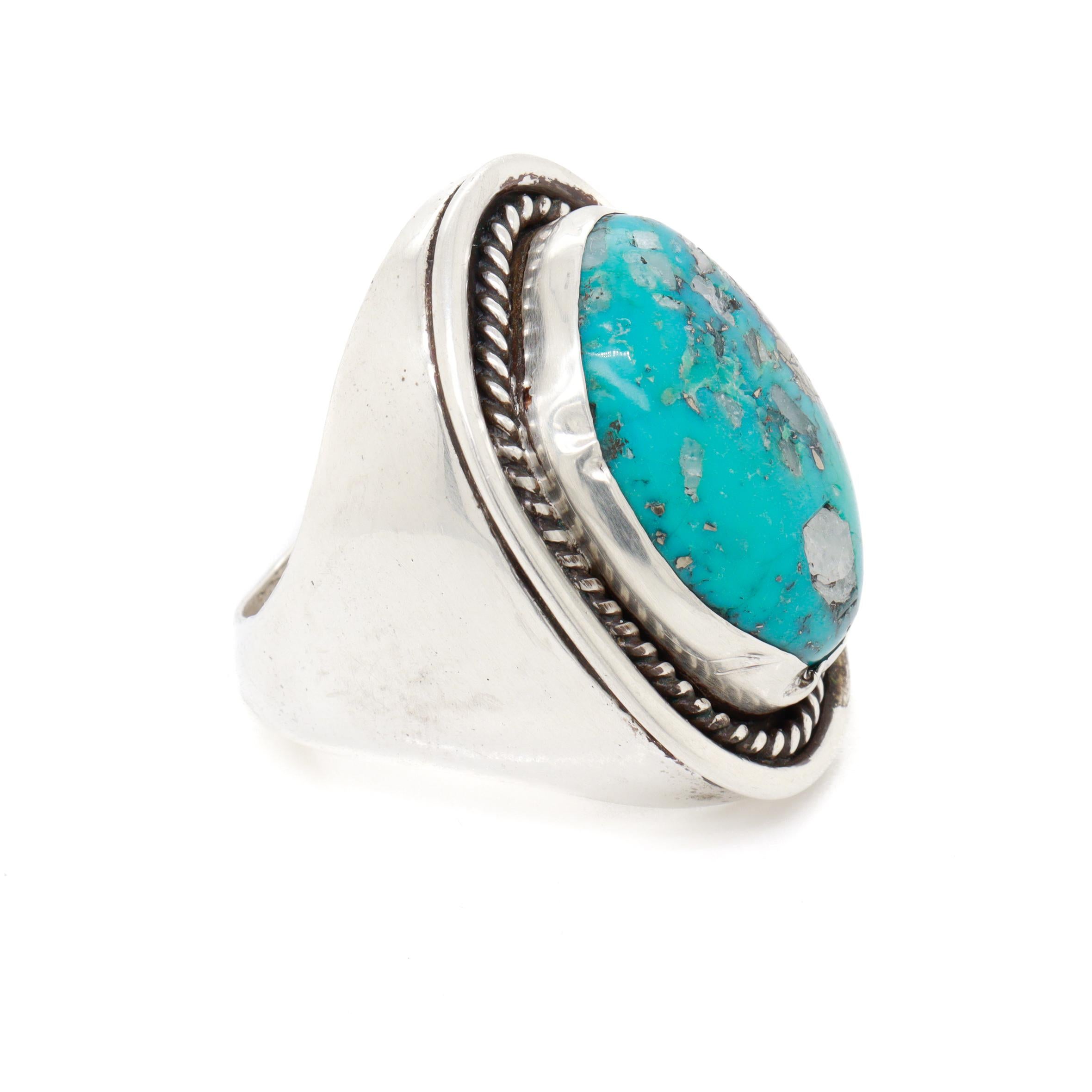 Großer indianischer Silber & Türkis Cabochon Signet Style Ring im Angebot 9