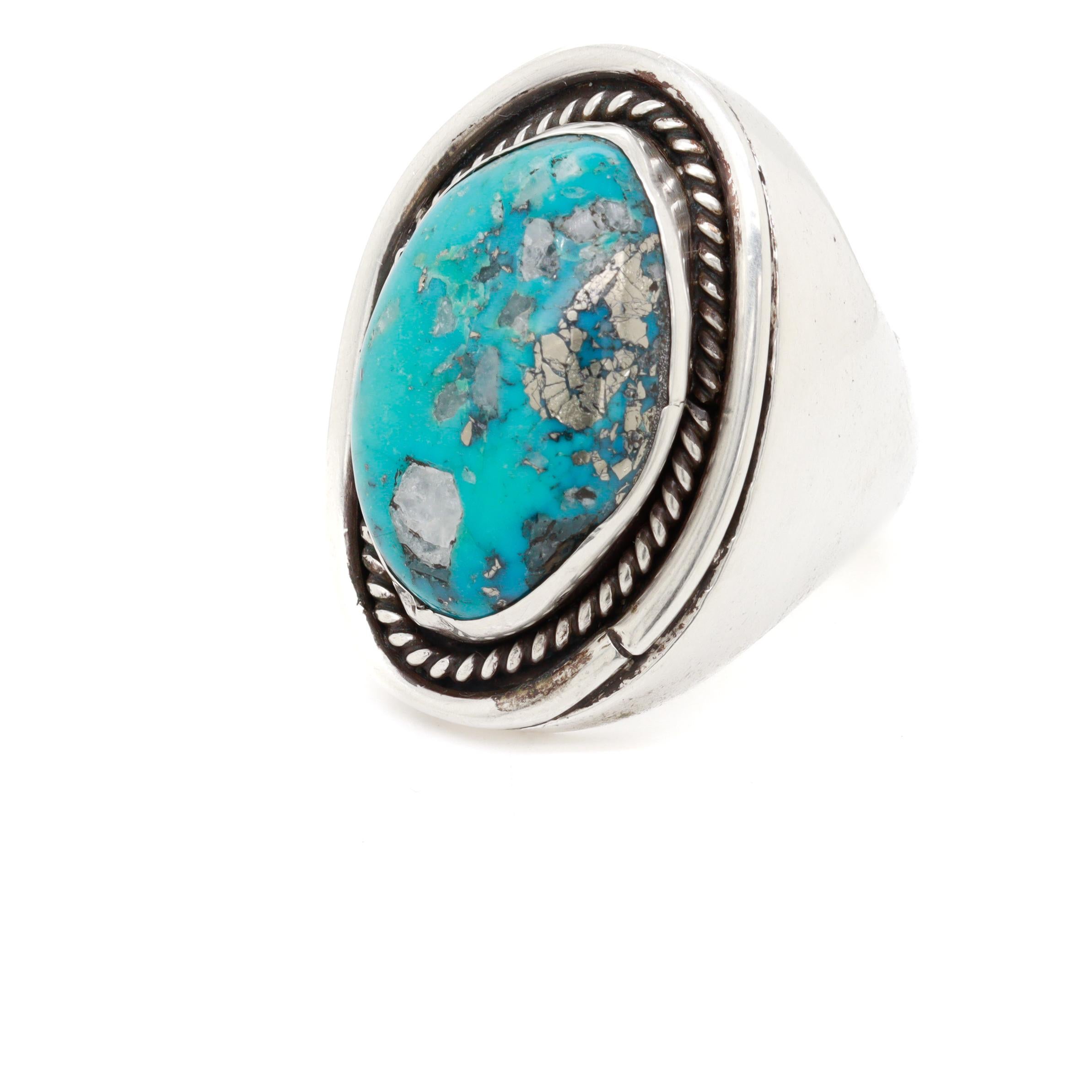 Großer indianischer Silber & Türkis Cabochon Signet Style Ring im Angebot 10