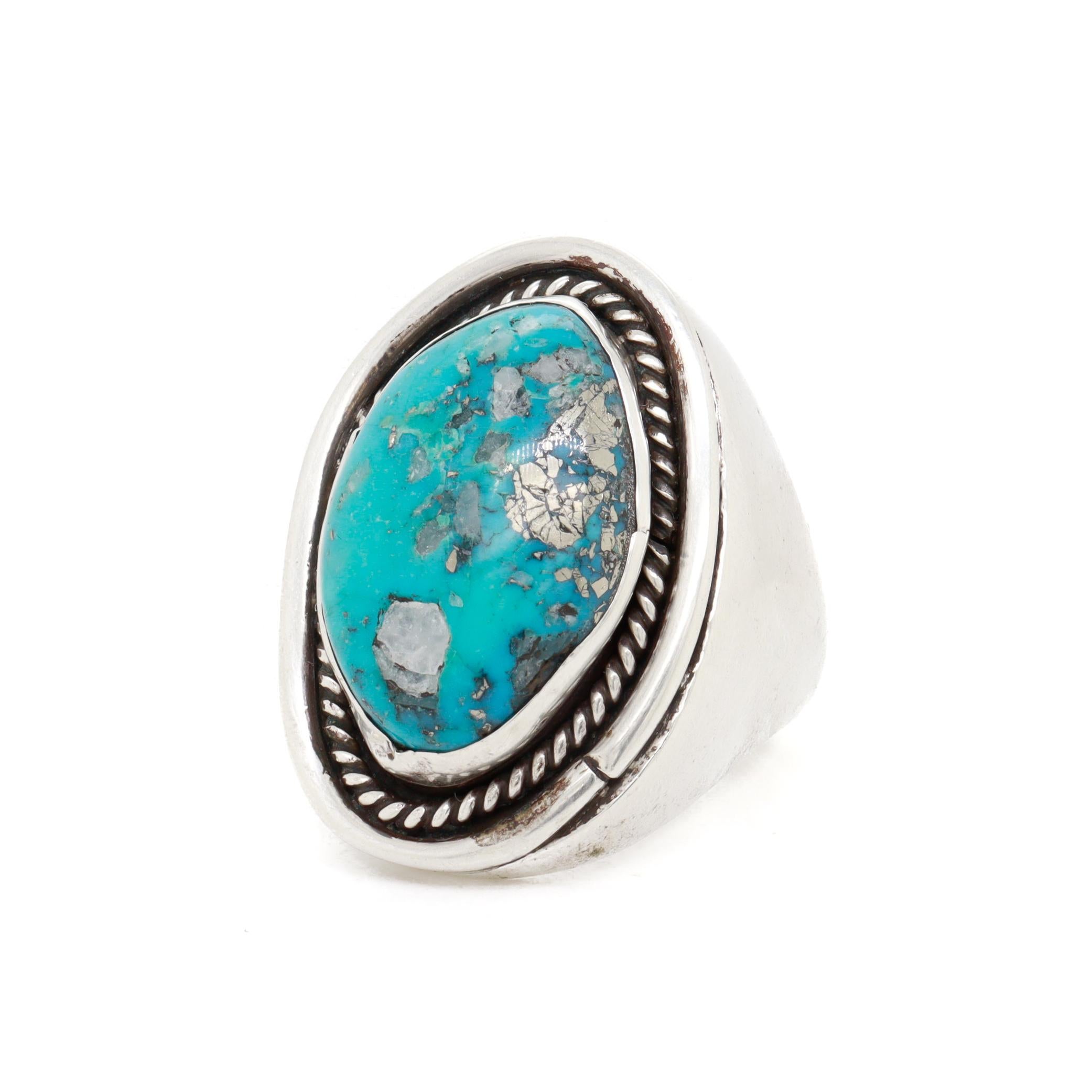 Großer indianischer Silber & Türkis Cabochon Signet Style Ring für Damen oder Herren im Angebot