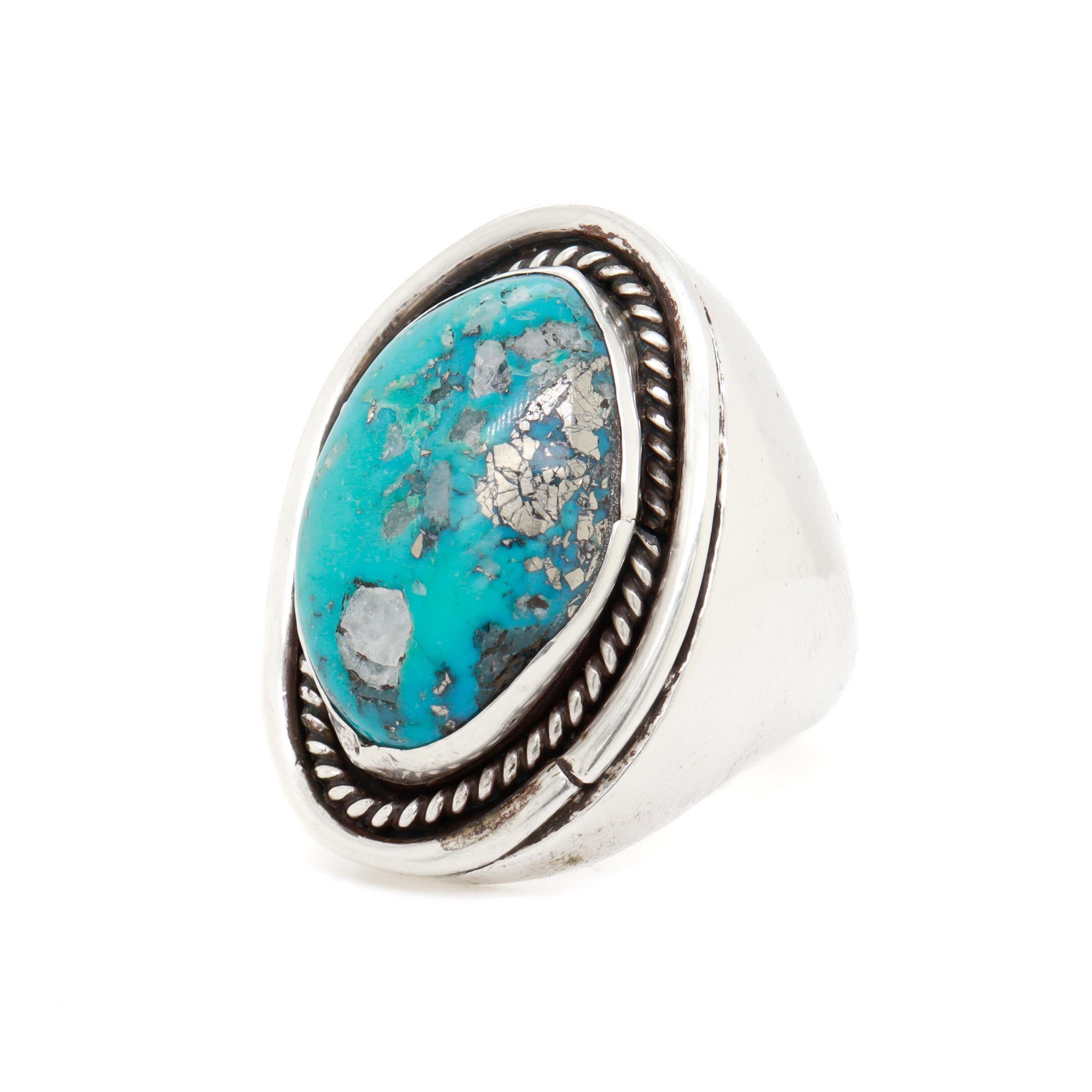 Großer indianischer Silber & Türkis Cabochon Signet Style Ring im Angebot 1